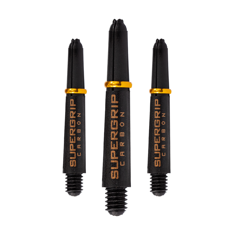 HR351_Harrows_Supergrip_Carbon_Shafts_Gold_33mm_16CIf3OmXe0gF4 Das Bild zeigt drei schwarze Harrows Supergrip Carbon Shafts mit goldenen Ringen. Die Aufschrift "SUPERGRIP CARBON" ist deutlich auf jedem Schaft zu erkennen.