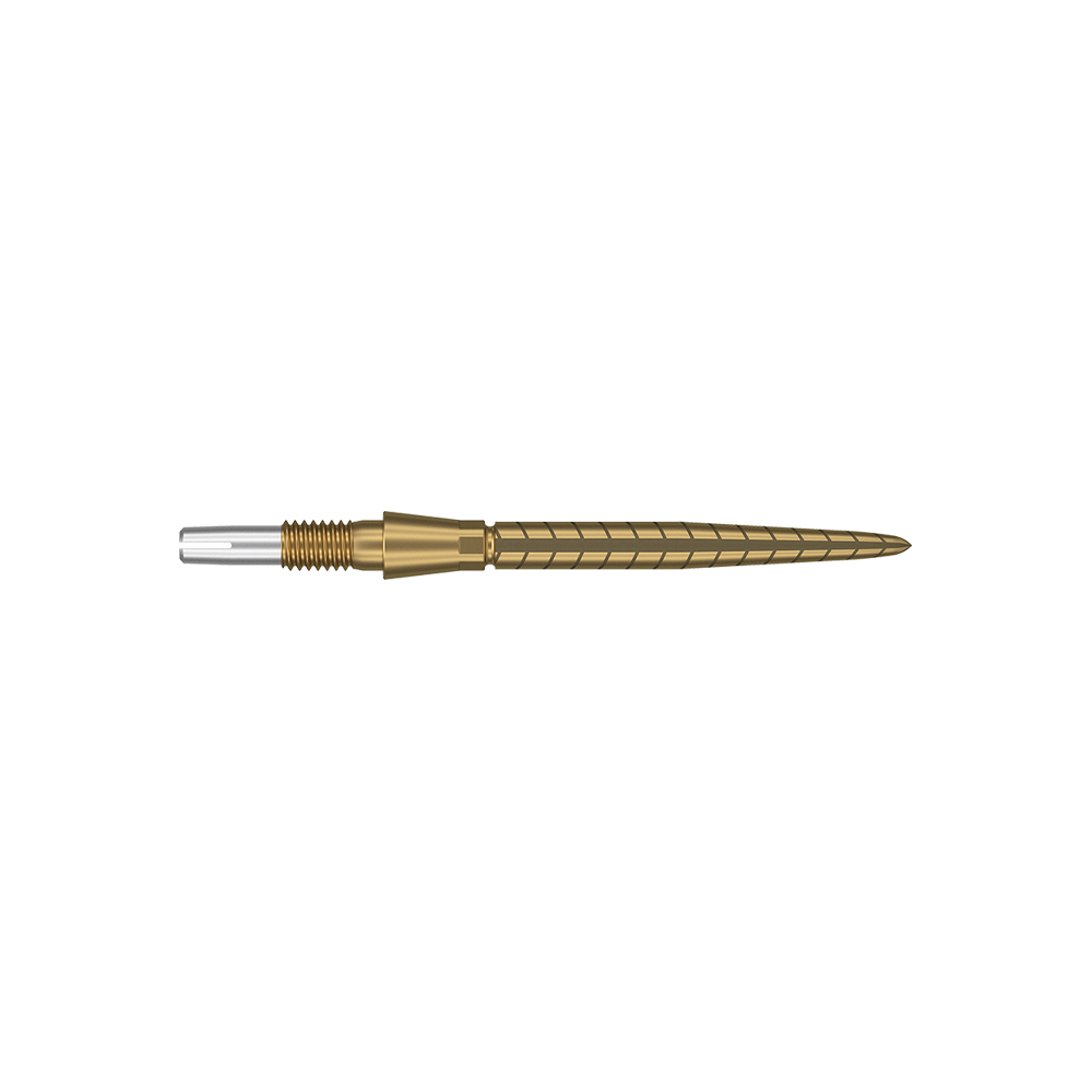 Target Swiss Storm Quartz Dart Tips - Gold Dies ist eine goldfarbene Dartspitze mit feinen Rillen und Linien. Sie hat ein schlankes, präzises Design und eine silberne Spitze am Ende.