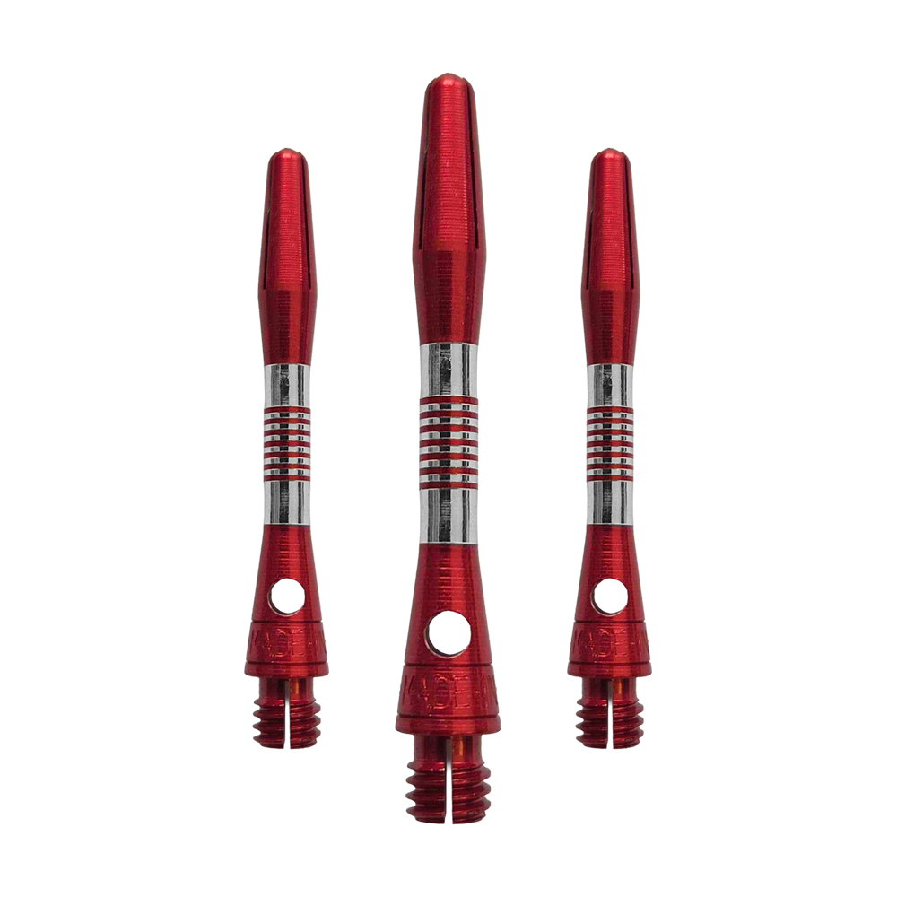 Bulls NL Cetra Aluminum Shafts - Red Abgebildet ist ein Set roter Aluminium Shafts mit 34 mm Länge. Sie werden wahrscheinlich beim Dartspiel verwendet.