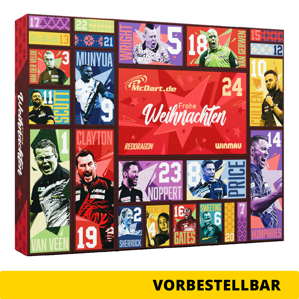 McDart Steel Darts Advent Calendar 2026 Zu sehen ist der McDart Steel-Darts Adventskalender 2026. Der Kalender bietet Überraschungen für Steeldart-Spieler.