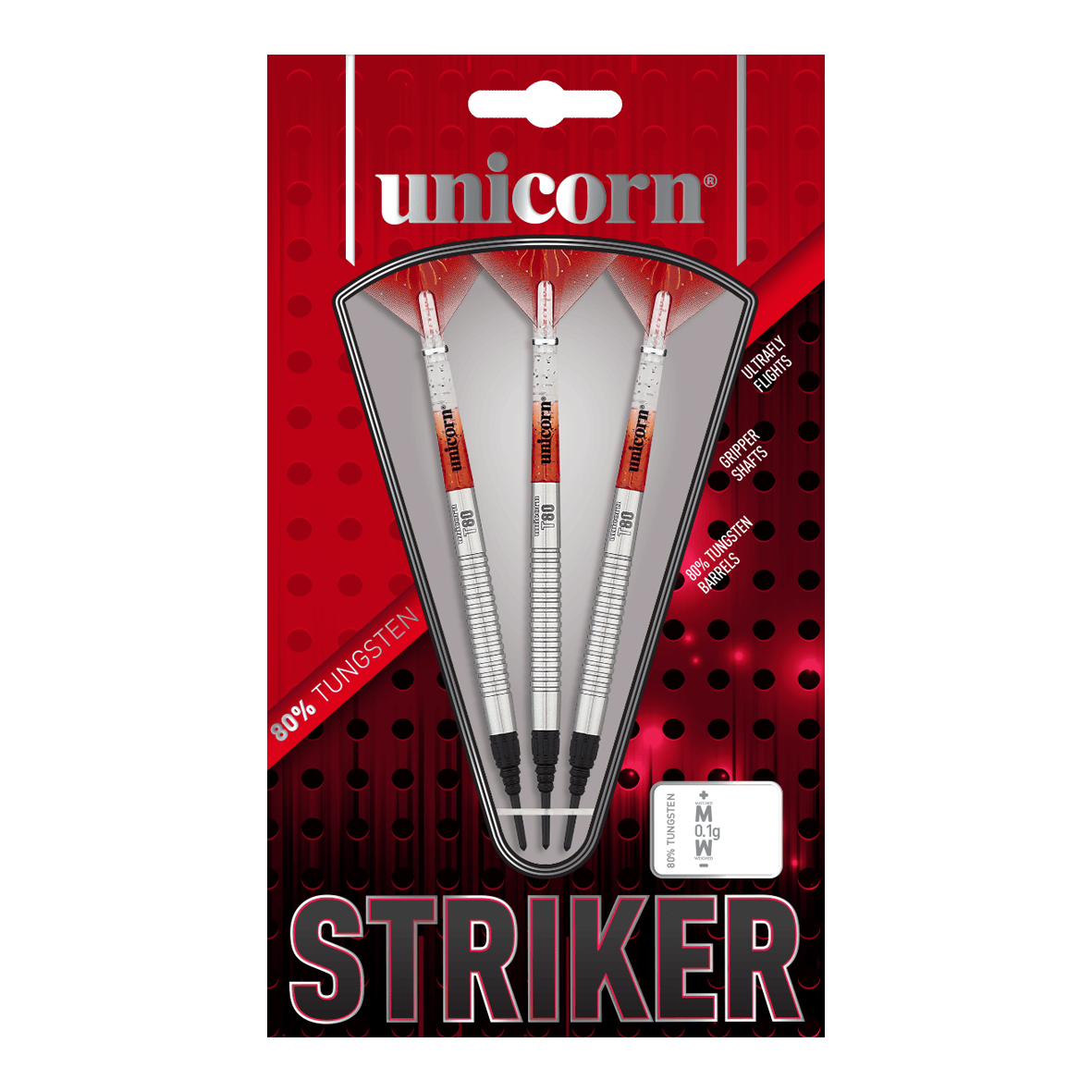Unicorn Core XL Striker Style 1 Soft Darts - 19g Das Bild zeigt eine Packung der "Unicorn Core XL Striker Style 1 Softdarts - 19g". In der Verpackung befinden sich drei silberfarbene Softdarts mit roten und weißen Details.