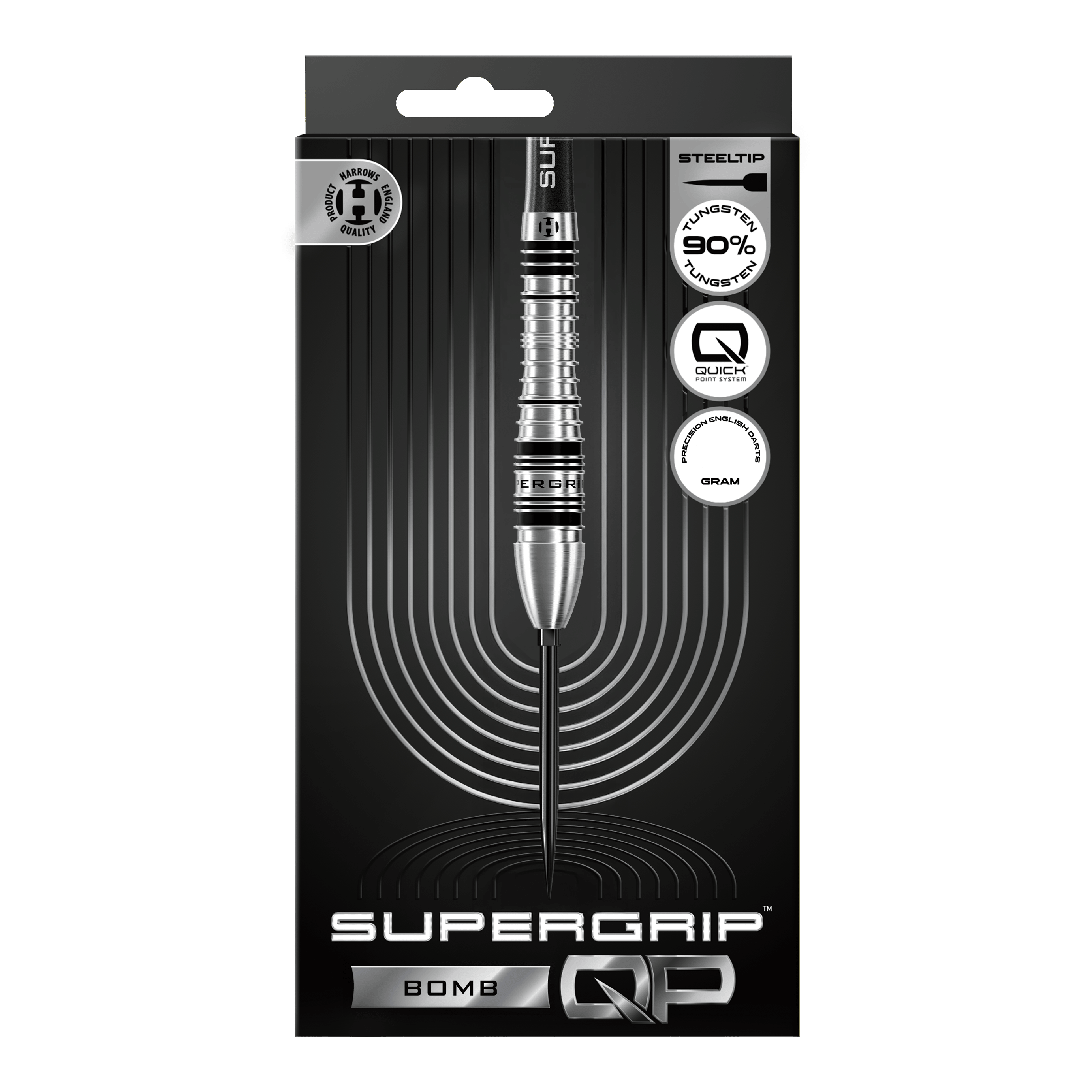 Gezeigt werden die Harrows Supergrip Bomb Quick Point Steeldarts. Das Produkt bietet hohe Kontrolle und Stabilität beim Wurf.