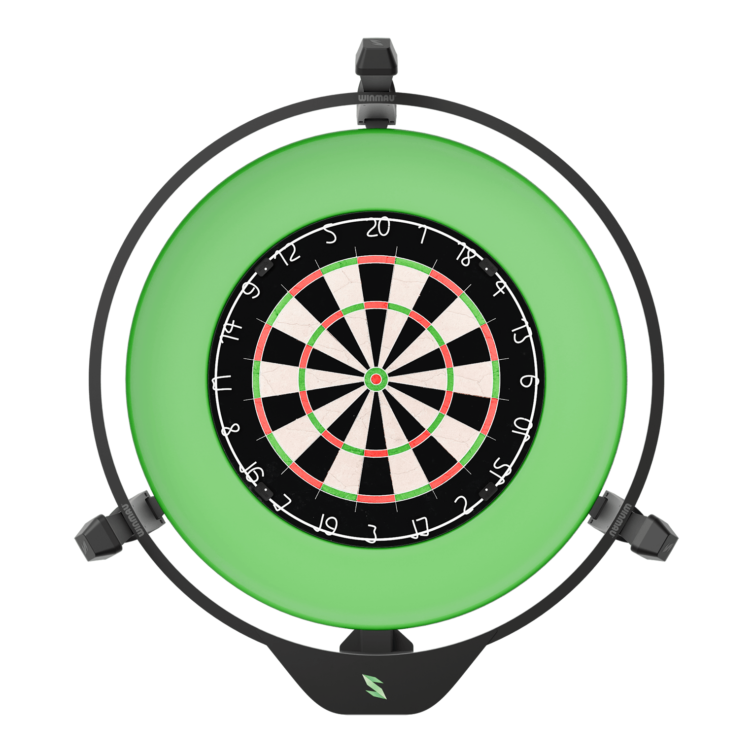 Scolia Home 2 Electronic Autoscoring System 2026 Das Bild zeigt ein elektronisches Punktesystem für Darts, das Scolia Home 2. Es besteht aus einem Dartboard mit einem leuchtenden grünen Ring rundherum.