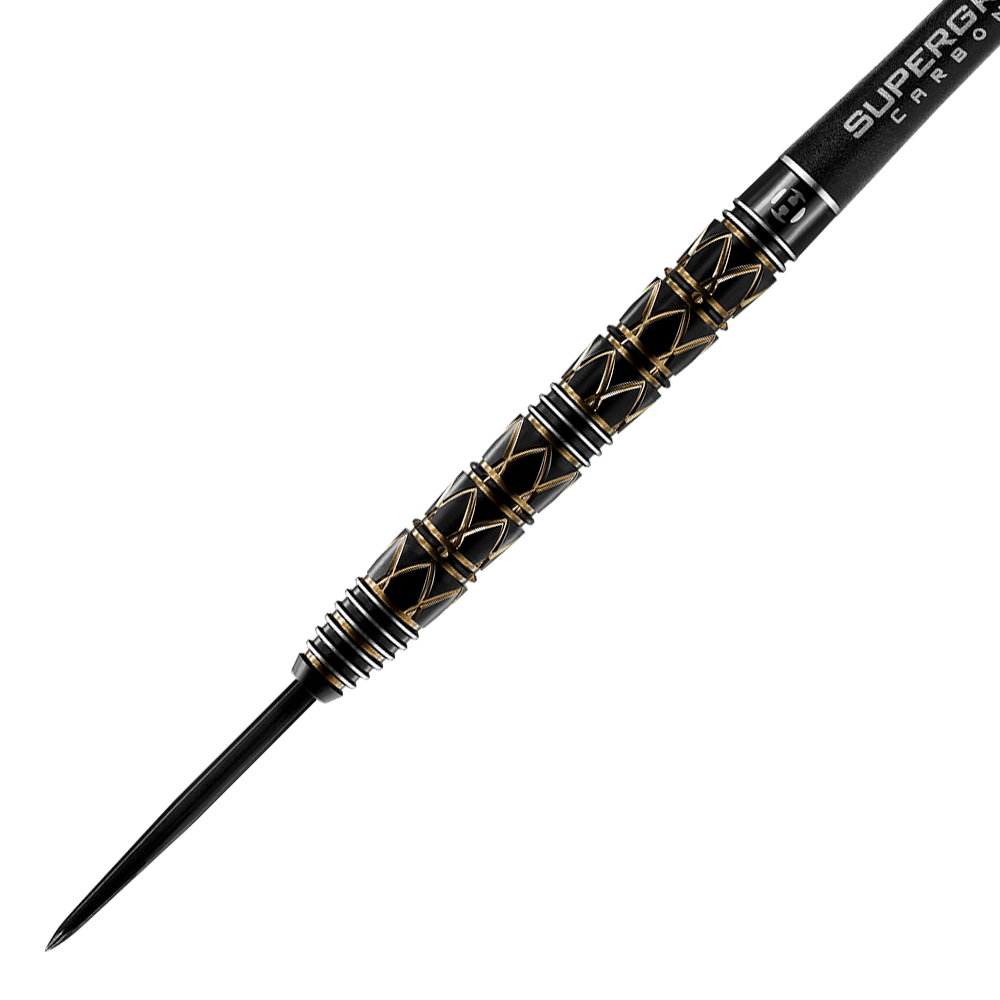 HA29044_Harrows_Taipan_Steeldarts_2 Das Bild zeigt einen Harrows Taipan Steeldart mit einem schwarzen und goldenen, strukturierten Griff. Die Spitze ist aus Metall und der Schaft trägt die Aufschrift „SUPERGRIP CARBON“.