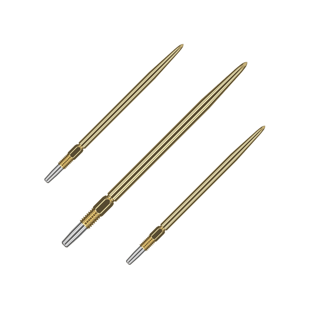 Target Swiss Point Gold dart tips Auf dem Bild sind drei goldene Dartspitzen zu sehen. Sie haben ein geriffeltes silbernes Endstück zur Befestigung.