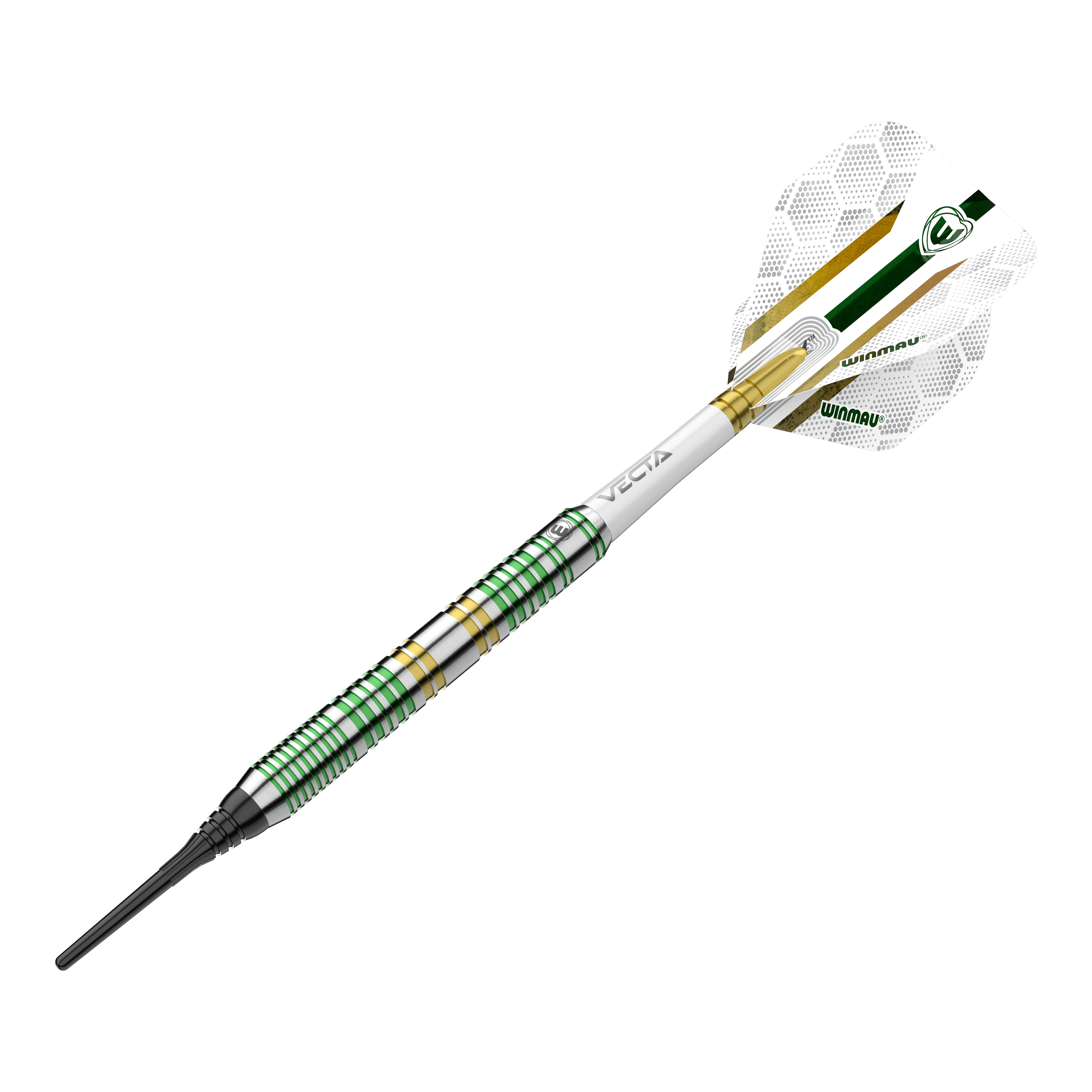 Winmau Xenon Softdarts - 20g Das Bild zeigt den Winmau Xenon Softdart mit einem Gewicht von 20 Gramm. Der Dart hat grüne und goldene Akzente sowie einen weißen Flight mit Winmau-Logo.