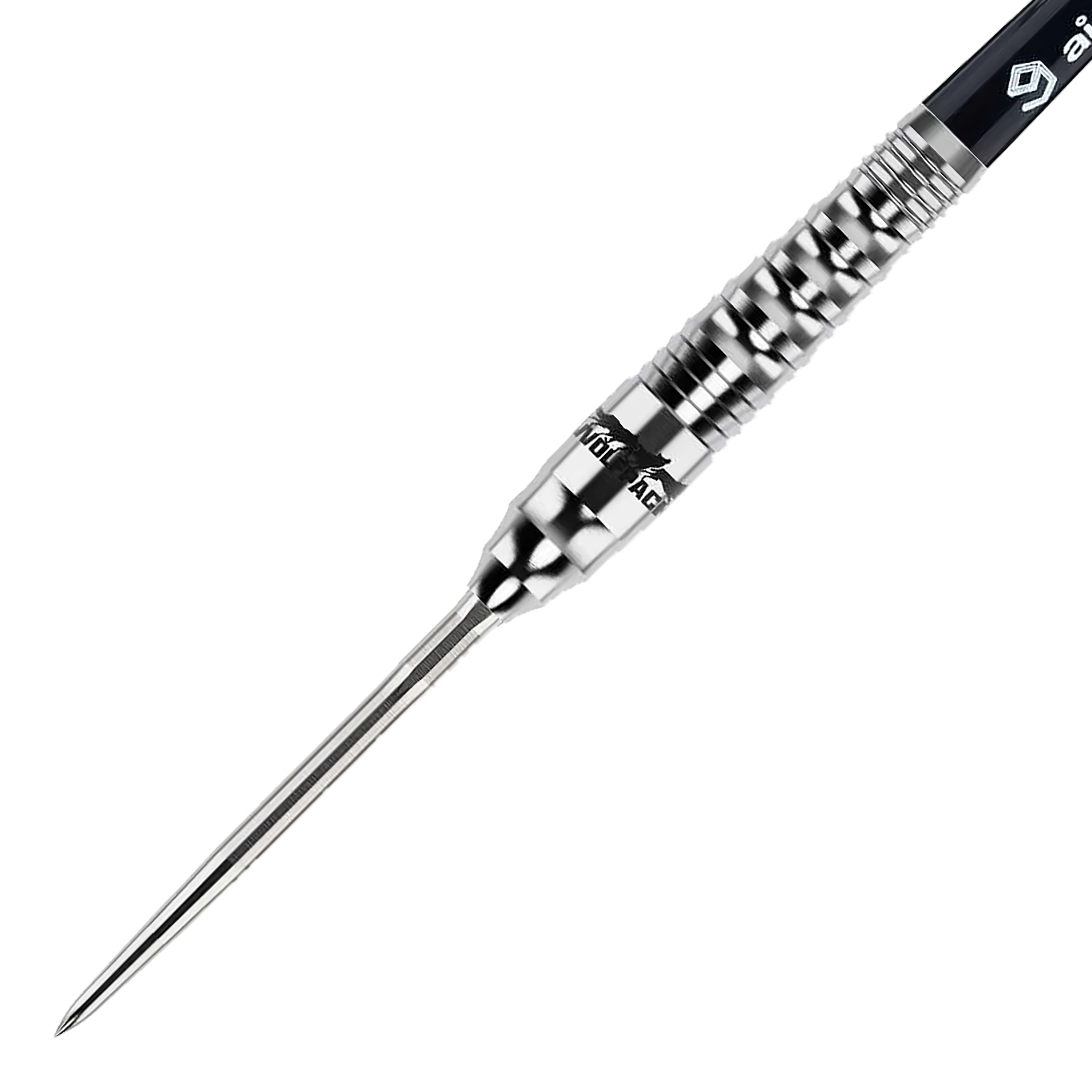 Das Bild zeigt einen Caliburn Wolfpack W3 Steeldart mit einem Gewicht von 21 Gramm. Der Dartpfeil ist silberfarben und hat eine strukturierte Griffzone für besseren Halt.