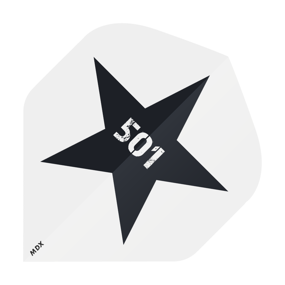 MD-401-Log_2-Seitig_Bedruckte_Flights_Logo_MDX_3 Das Bild zeigt einen schwarzen Stern auf grauem Hintergrund. In der Mitte des Sterns steht die Zahl "501" in weißer, abgenutzter Schrift, und unten links ist klein "MDX" geschrieben.