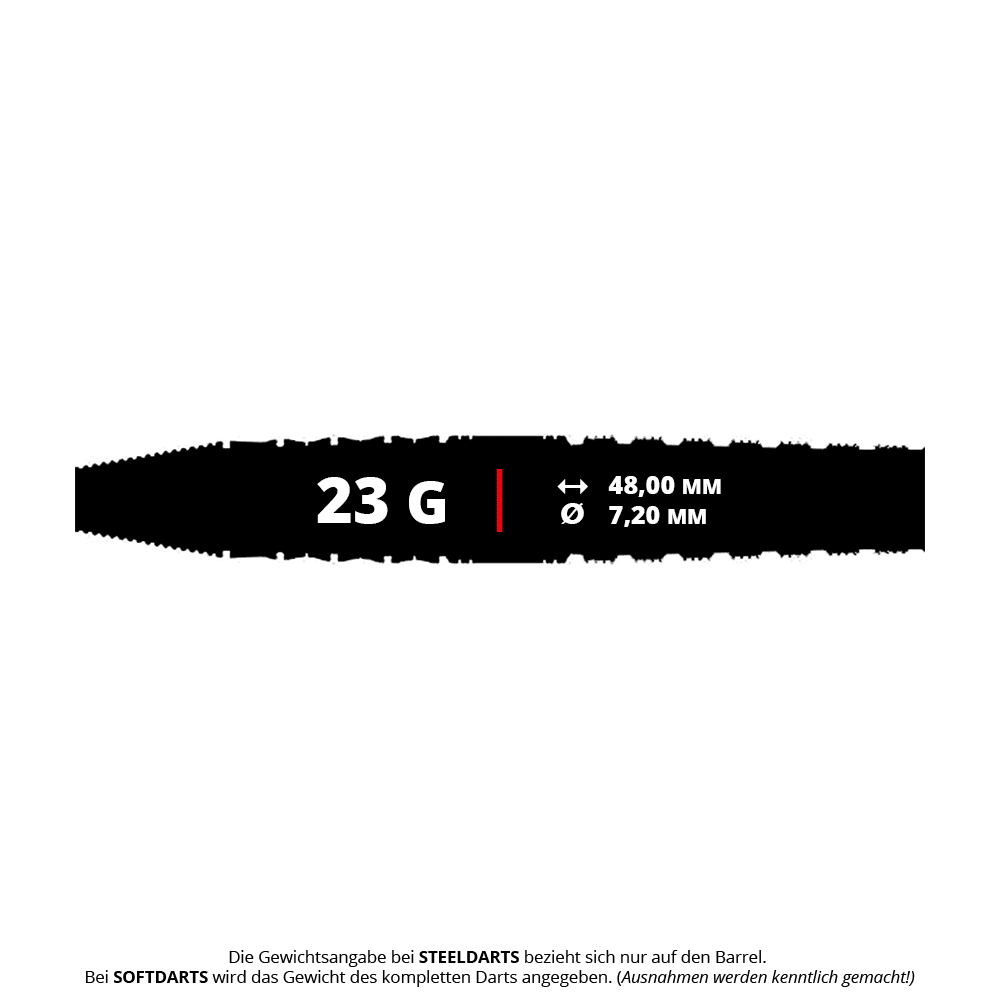 Das Bild zeigt die Produktinformationen zu "Caliburn Player The Pandaman Advanced Steeldarts - 23g". Der Dart wiegt 23 Gramm, ist 48,00 mm lang und hat einen Durchmesser von 7,20 mm.