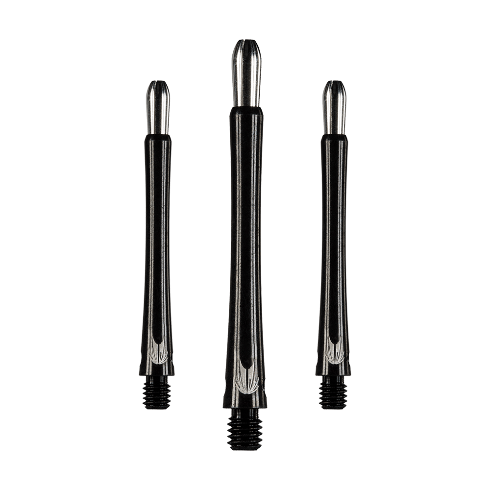146210_Target_Grip_Style_Aluminium_Shafts_Schwarz_485mm_1 Auf dem Bild sind drei schwarze Aluminium-Dartschäfte in unterschiedlicher Länge zu sehen. Sie haben ein silbernes Oberteil und ein Gewinde am unteren Ende.