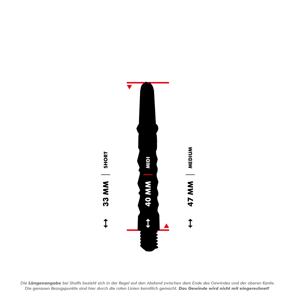 Harrows_Carbon_ST_Shafts_5_40mmXsaQYnUOPAGpn Das Bild zeigt drei verschiedene Längen des Harrows Carbon ST Shafts in Schwarz mit roten Markierungen: Short (33 mm), Midi (40 mm) und Medium (47 mm). Die roten Linien kennzeichnen die genauen Bezugspunkte für die Längenmessung.
