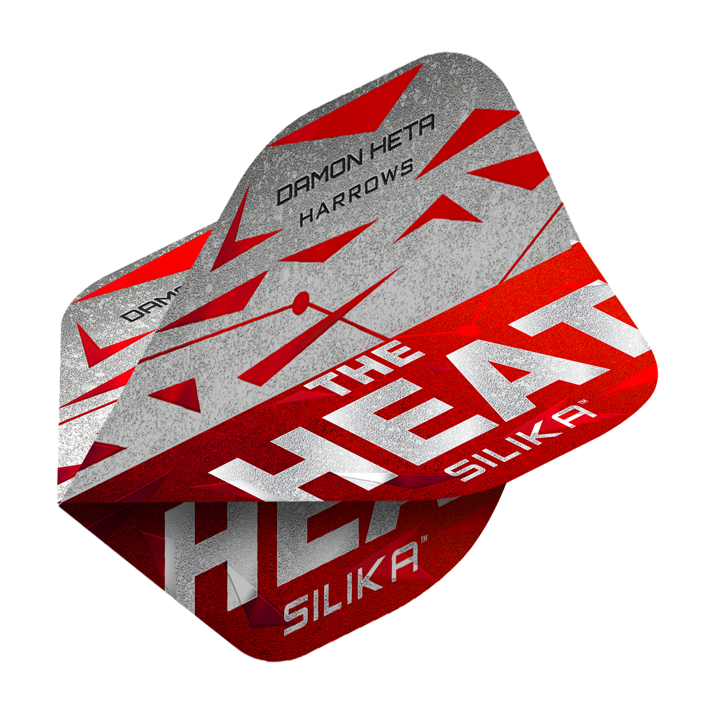 Harrow's Silika Damon Heta Series 3 Flights Das Bild zeigt die Harrows Silika Damon Heta Series 3 Flights. Die Flights sind überwiegend in Rot, Grau und Weiß gestaltet und tragen den Schriftzug "THE HEAT" sowie den Namen "DAMON HETA".