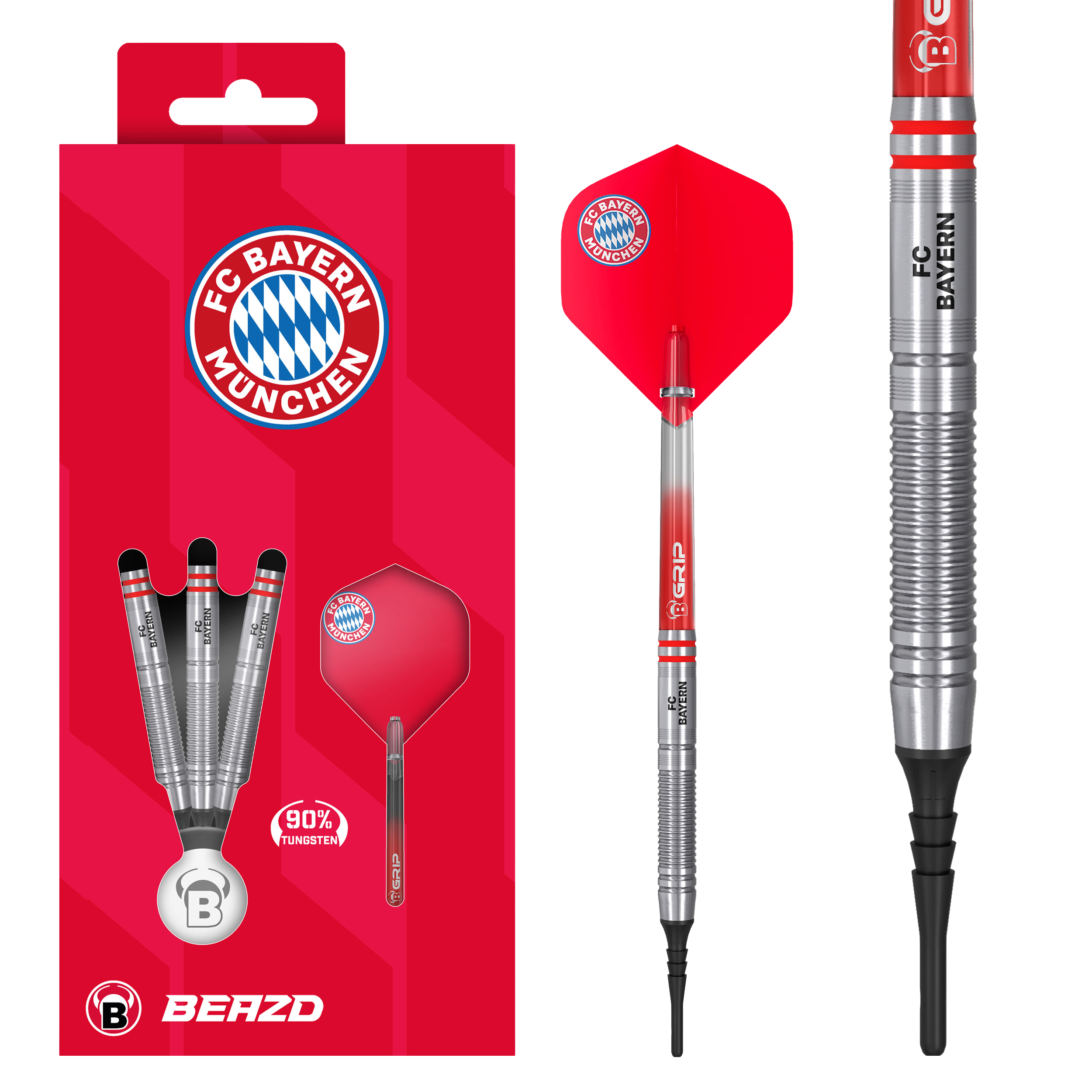 Das Beazd FC Bayern München Tungsten Softdarts – 18g Set liegt nebeneinander. Logos und Barrel-Muster sind klar erkennbar.