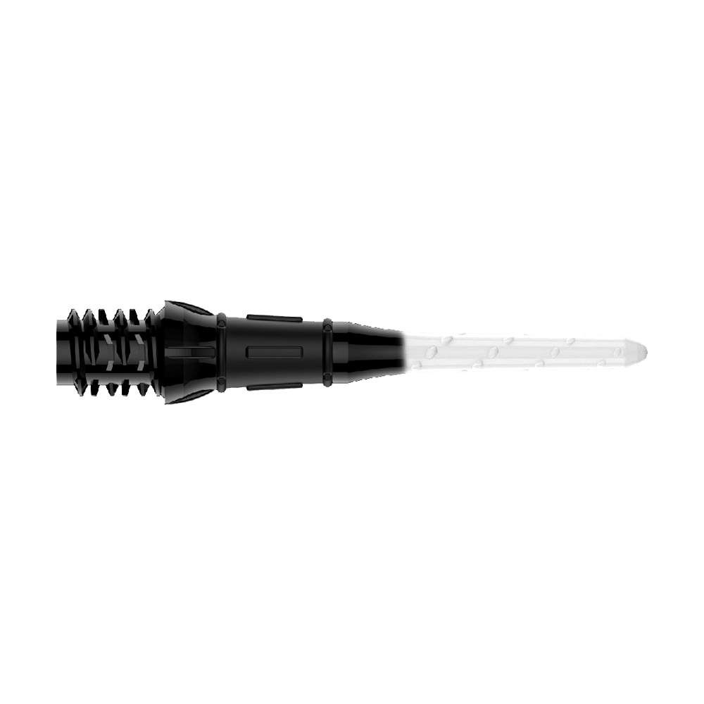 L-Style Premium Two Tone Lippoints (Pack of 30) Das Bild zeigt eine schwarze und weiße Dartspitze mit einem zweifarbigen Design. Die linke Seite ist schwarz und die rechte Seite ist weiß.