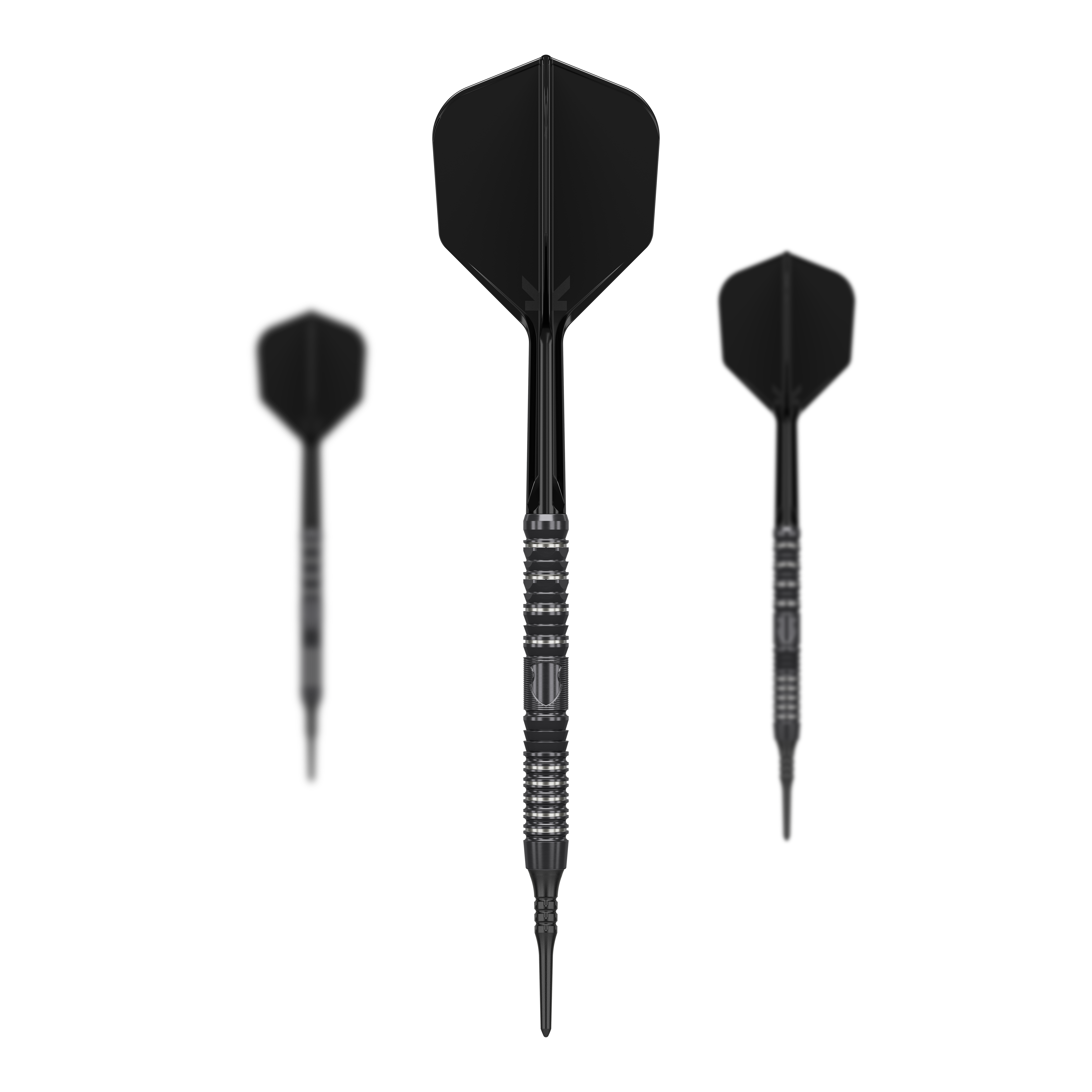Target Japan Black Marque Draco GEN2 Soft Darts - 20g Das Bild zeigt drei schwarze Softdarts mit unterschiedlich großen Flights. In der Mitte befindet sich der Target Japan Black Marque Draco GEN2 Softdart mit einem Gewicht von 20g.