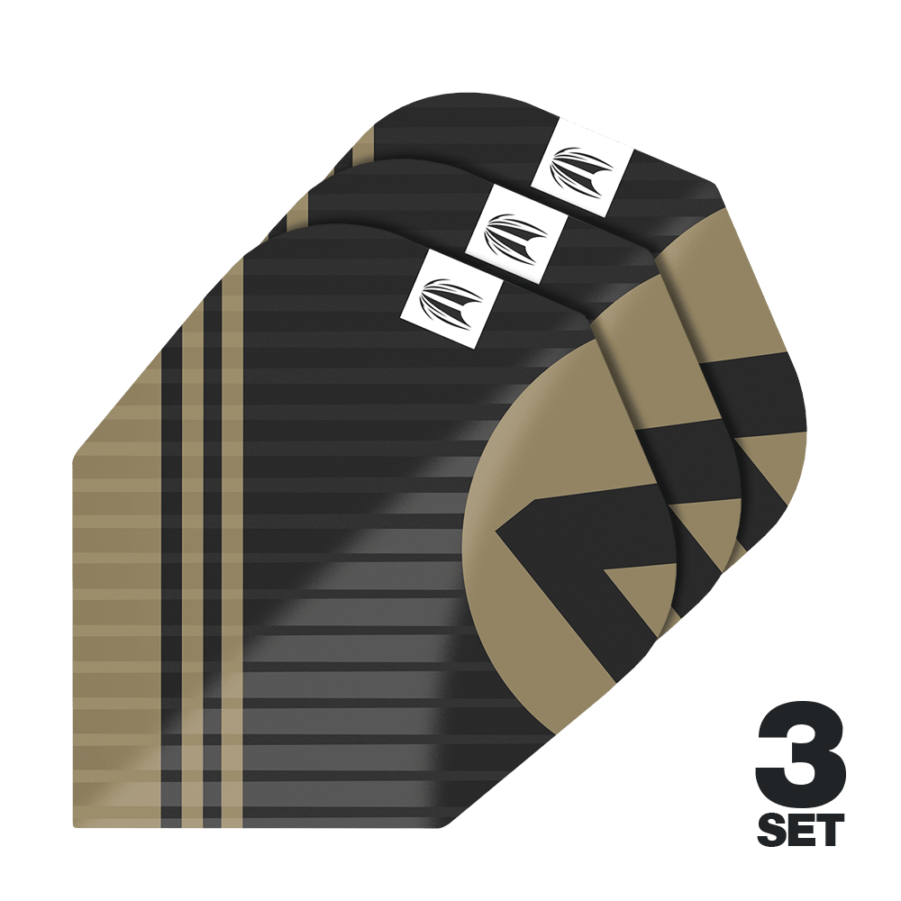 Target Pro Ultra Chicane Black No6 Flights - 3 Sets Das Bild zeigt die "Target Pro Ultra Chicane Black No6 Flights" in einem schwarz-goldenen Design. Es sind insgesamt 3 Sets der Flights abgebildet.