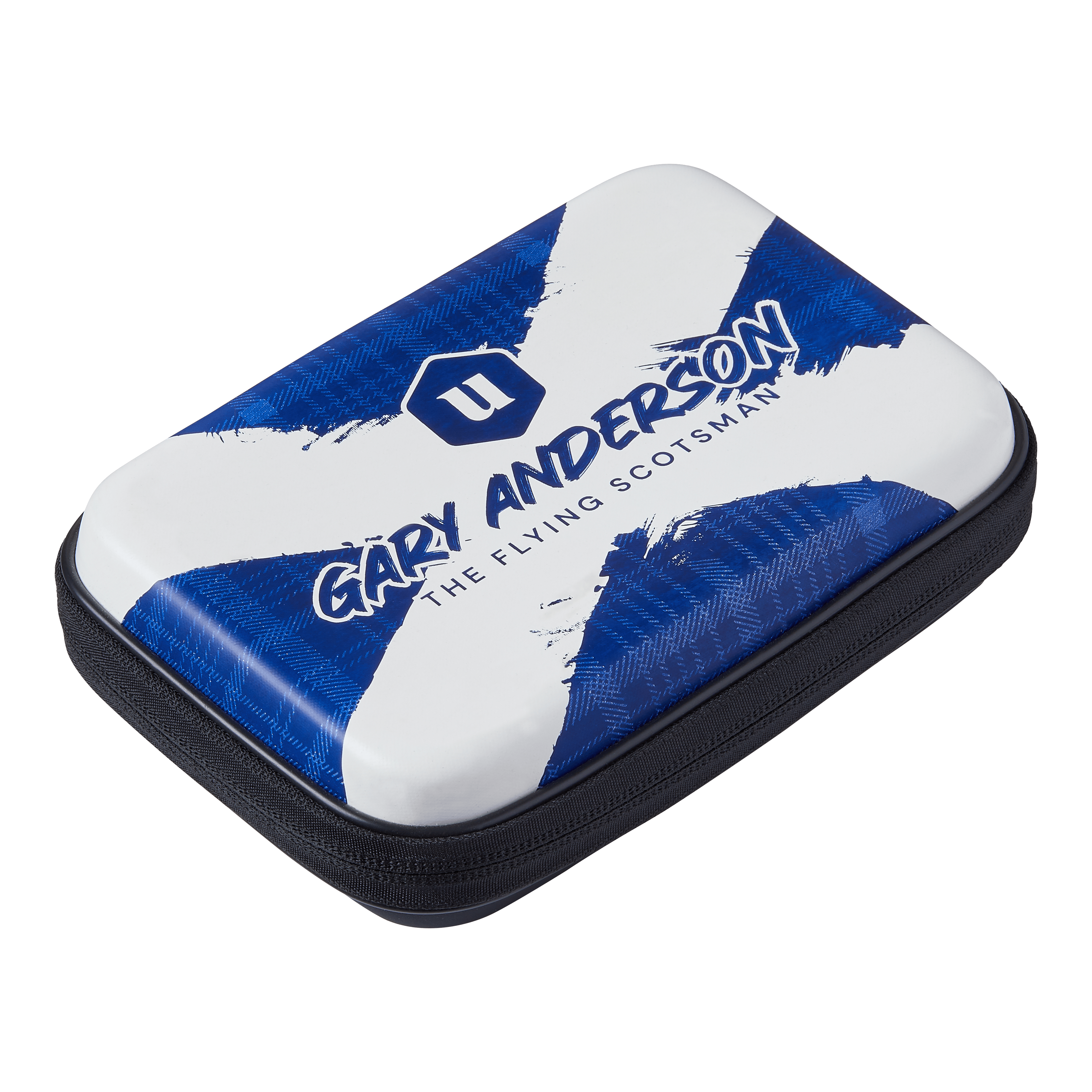 Unicorn Ultra Gary Anderson dart wallet Das Bild zeigt das Produkt "Unicorn Ultra Gary Anderson Dartwallet". Die Darttasche ist mit einem blauen und weißen Design sowie dem Namen "Gary Anderson" und dem Schriftzug "The Flying Scotsman" bedruckt.