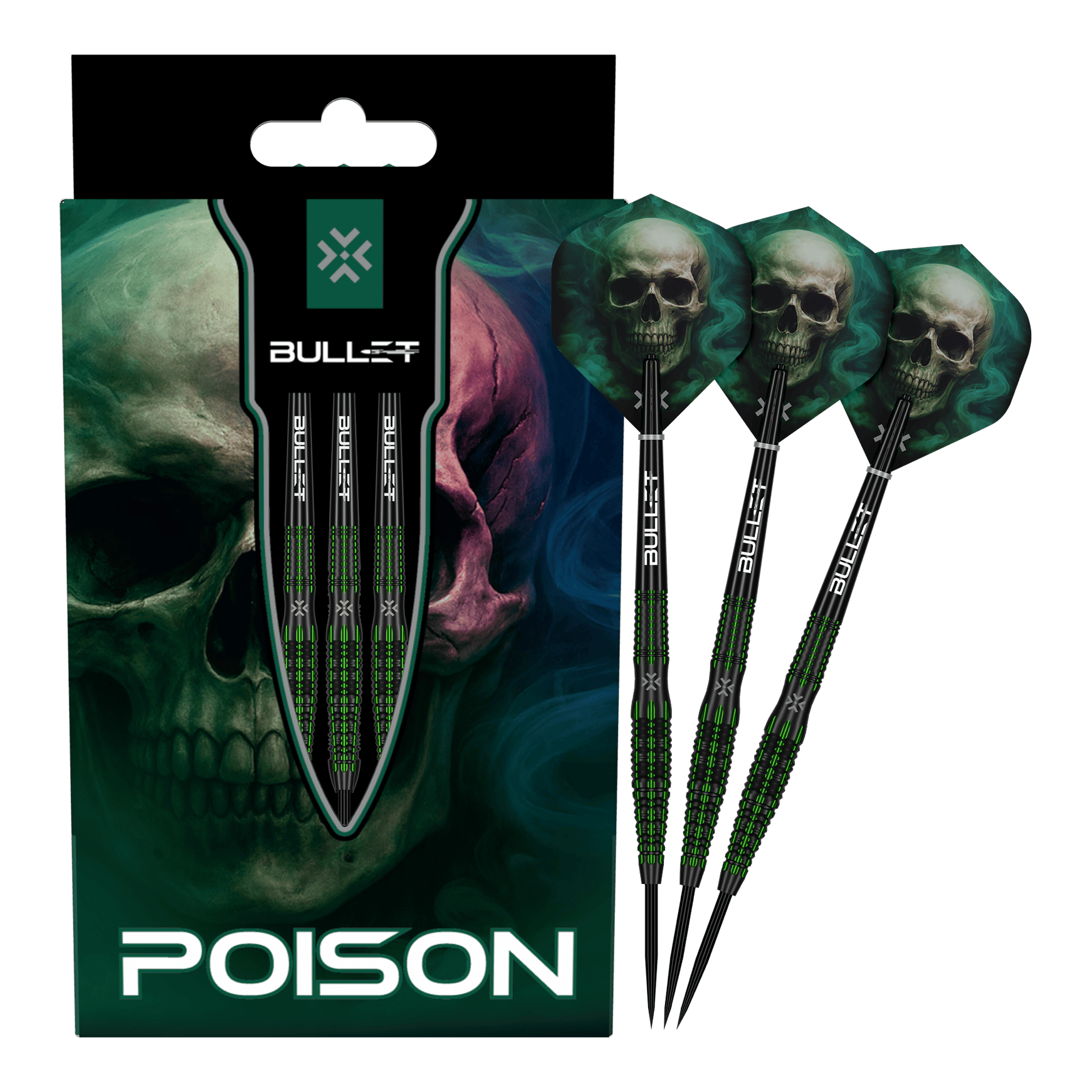 Hier sind die Bullet Poison Steeldarts vollständig abgebildet. Die einzigartigen Steeldarts eignen sich für Dart-Enthusiasten.