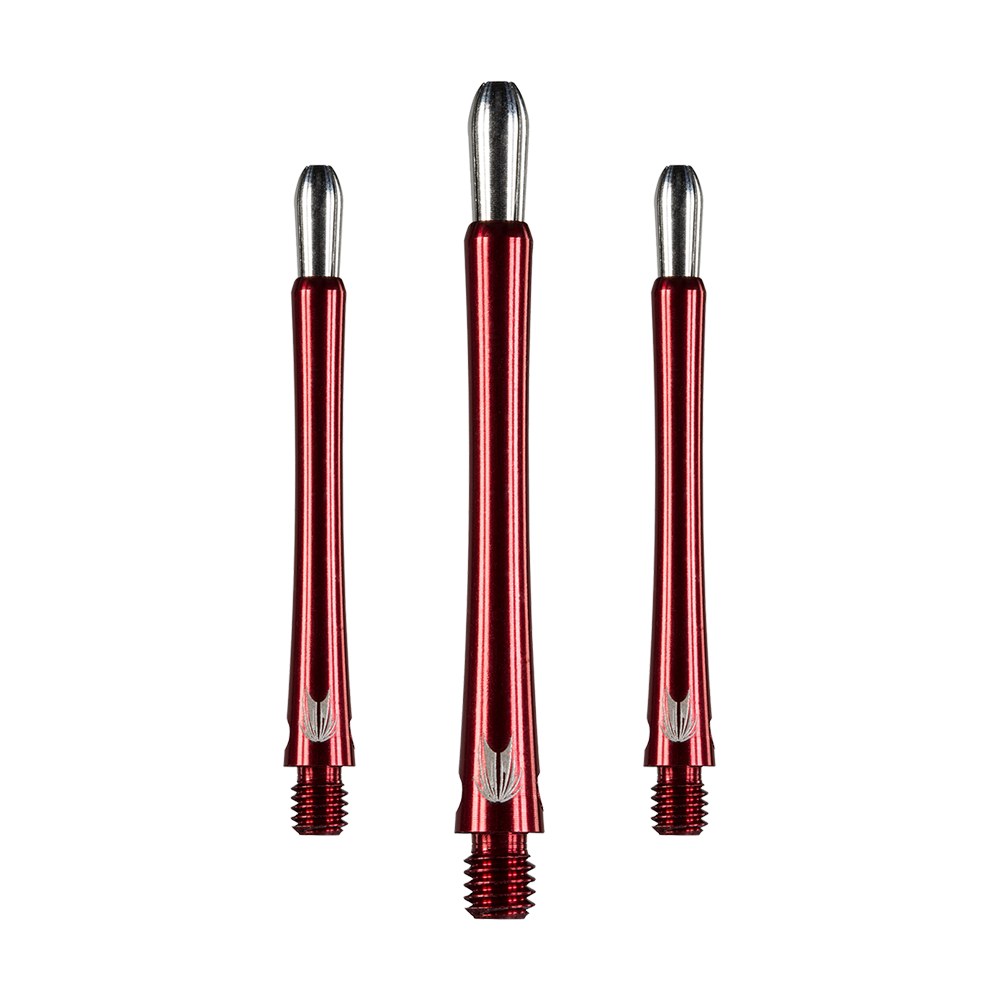 146240_Target_Grip_Style_Aluminium_Shafts_Rot_485mm_1 Das Bild zeigt drei rote Aluminium-Schäfte für Darts mit silbernen Enden. Die Schäfte haben ein glänzendes Finish und ein einfaches, elegantes Design.