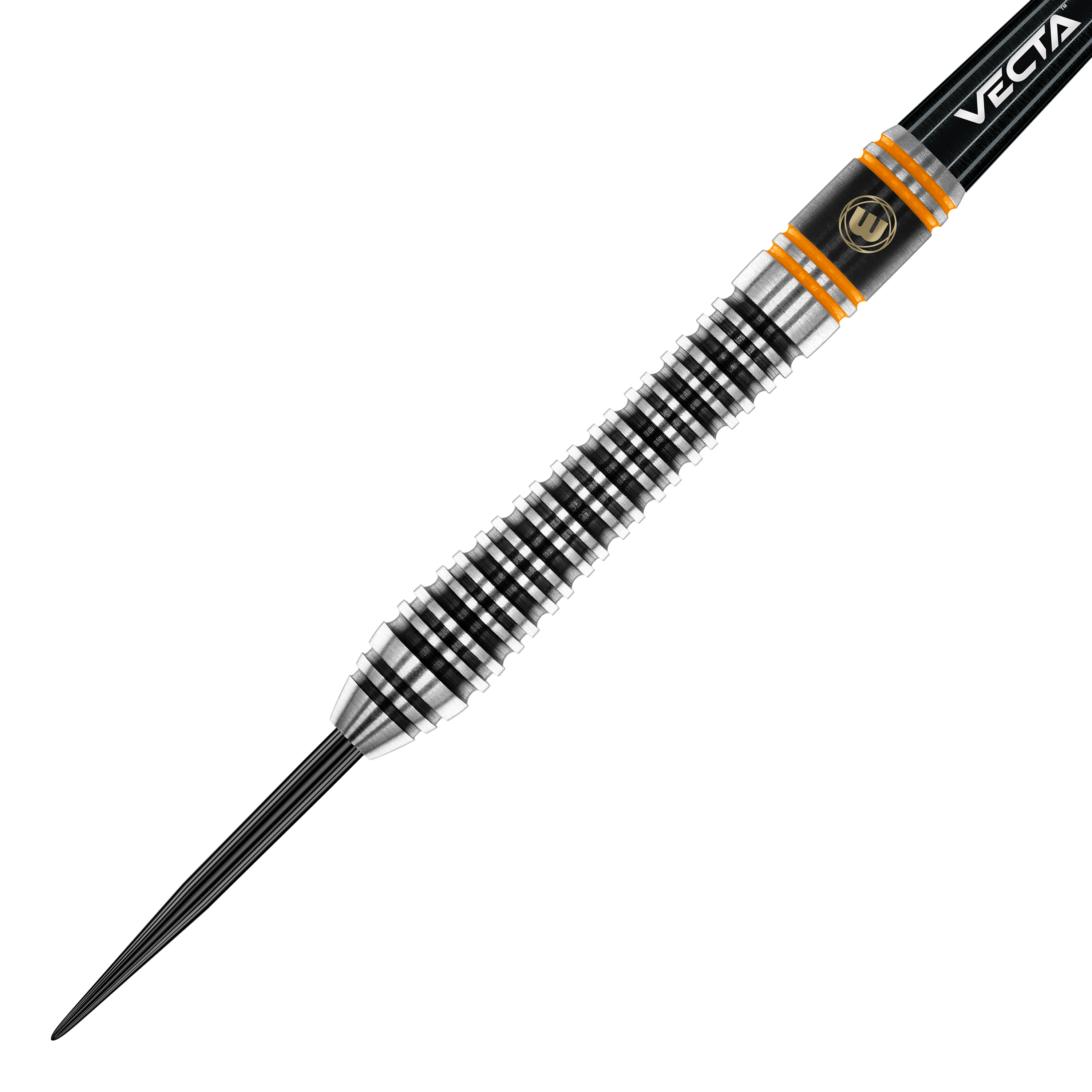 Winmau Danny Noppert Signature Edition 2 steel darts Das Bild zeigt einen Winmau Danny Noppert Signature Edition 2 Steeldart. Der Dart hat ein silbernes und schwarzes Rillendesign mit orangenen Akzenten.