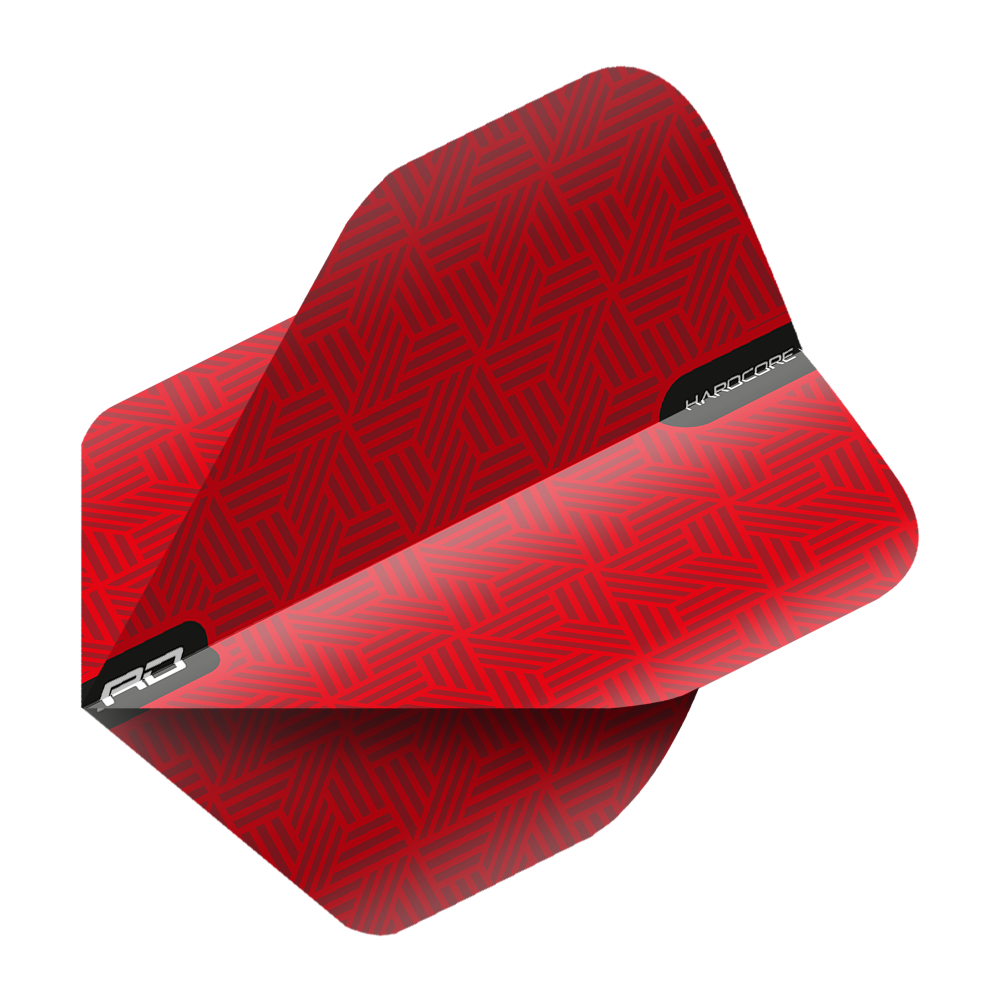 Das Bild zeigt die Red Dragon Hardcore Red Standard Flights. Sie haben ein auffälliges rotes Muster mit schwarzen Akzenten und Schriftzügen.