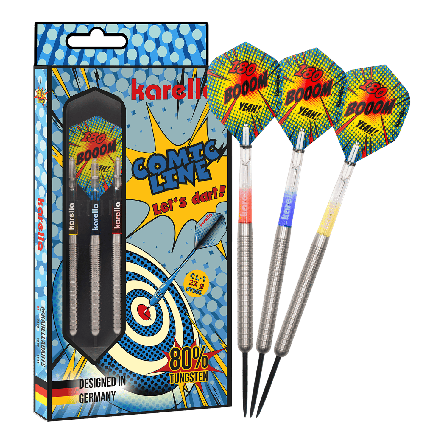 Karella Comic Line CL-1 steel darts - 22g Das Bild zeigt den Karella Comic Line CL-1 Steeldarts - 22g. Es veranschaulicht die vollständige Ansicht des Steeldartpfeils.