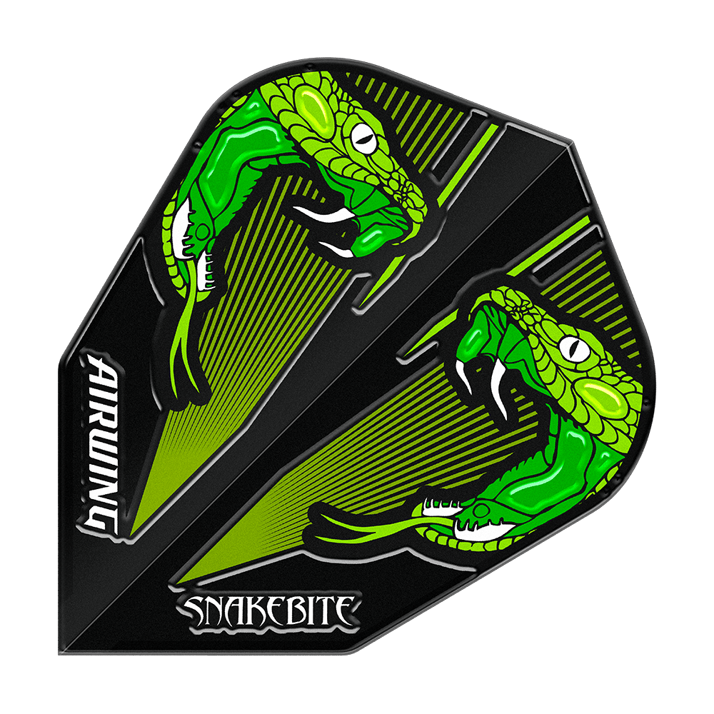 Red Dragon Airwing Peter Wright Green V-Standard Flights Das Bild zeigt einen Dartflight mit zwei grünen Schlangen auf schwarzem Hintergrund. Die Wörter "AIRWING" und "SNAKEBITE" sind auf dem Flight zu sehen.