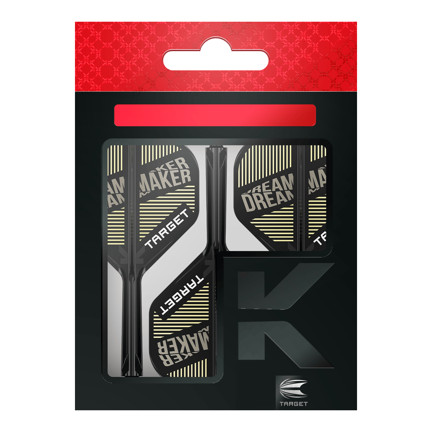 Target K-Flex Dimitri Van Den Bergh No2 Standard Flight Shaft System Das Bild zeigt eine Verpackung mit Dart-Flights und Schäften der Marke Target. Auf den Flights steht der Text "DREAM MAKER".
