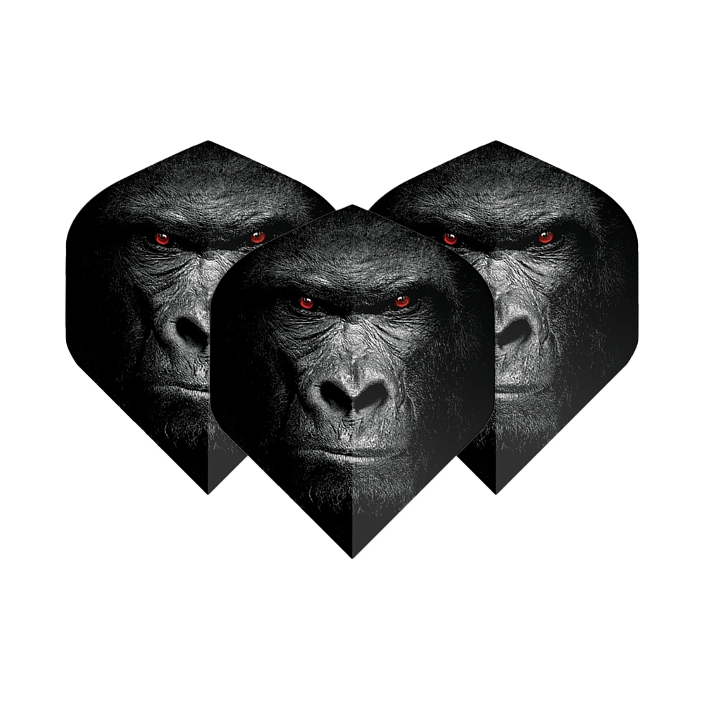 Pentathlon Flights Gorilla Das Bild zeigt drei Dart-Flights mit dem Gesicht eines Gorillas und leuchtend roten Augen. Die Flights sind das Produkt "Pentathlon Gorilla No2 Standard Flights".