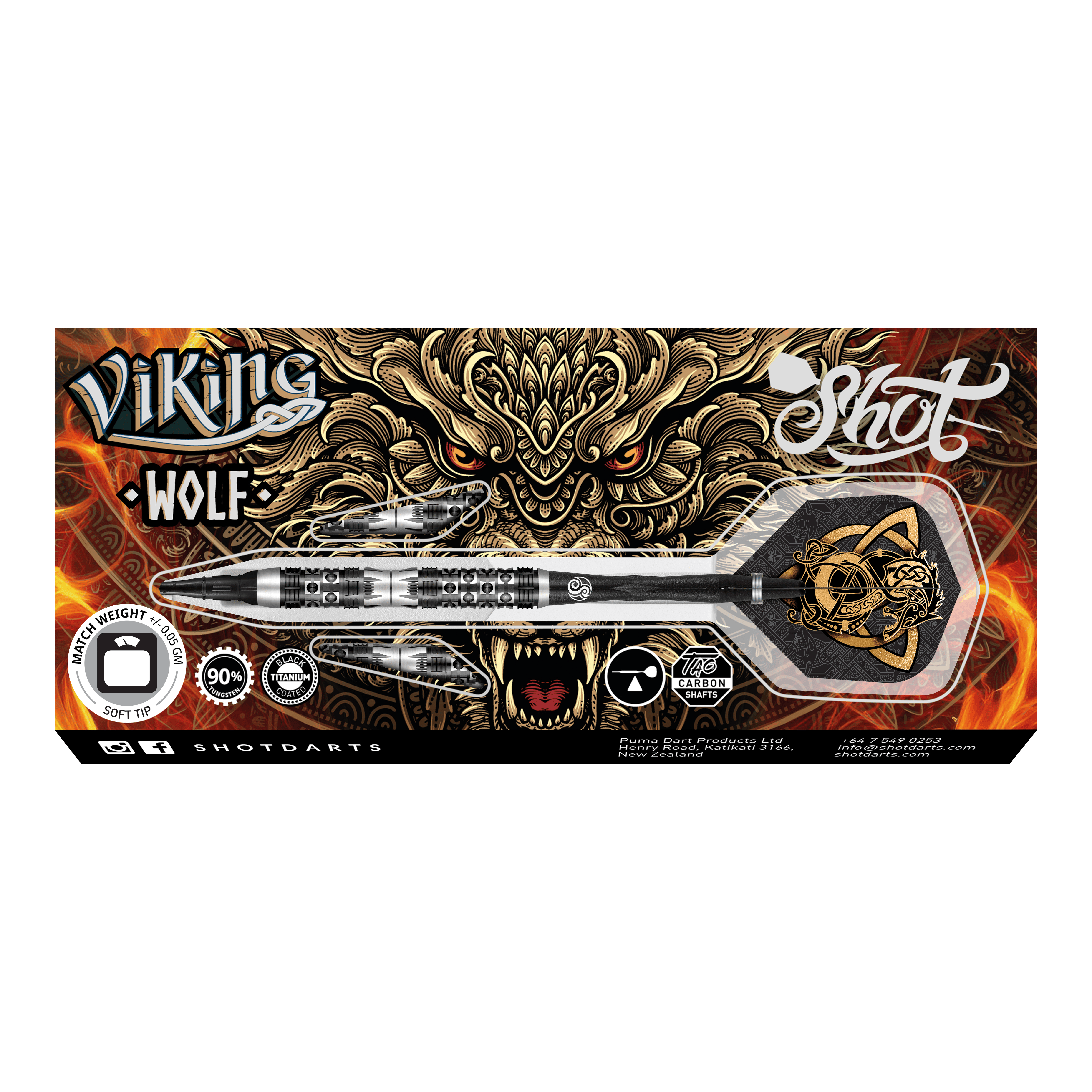 Shot Viking Wolf soft darts - 20g Das Bild zeigt das Produkt "Shot Viking Wolf Softdarts - 20g" mit einem dekorativen Wolfdesign im Hintergrund. Die Verpackung hebt die Merkmale des Softdarts hervor, darunter das Gewicht von 20 Gramm und die hochwertige Verarbeitung.
