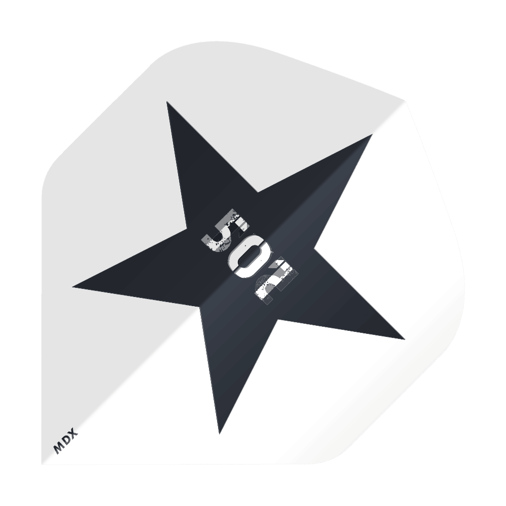 MD-650_2-Seitig_Bedruckte_Clear_Flights_Logo_oder_Bilddruck_3 Das Bild zeigt einen bedruckten Dart-Flight mit einem großen schwarzen Stern in der Mitte. In der Mitte des Sterns steht die Zahl "501", und unten links ist die Aufschrift "MDX" zu sehen.
