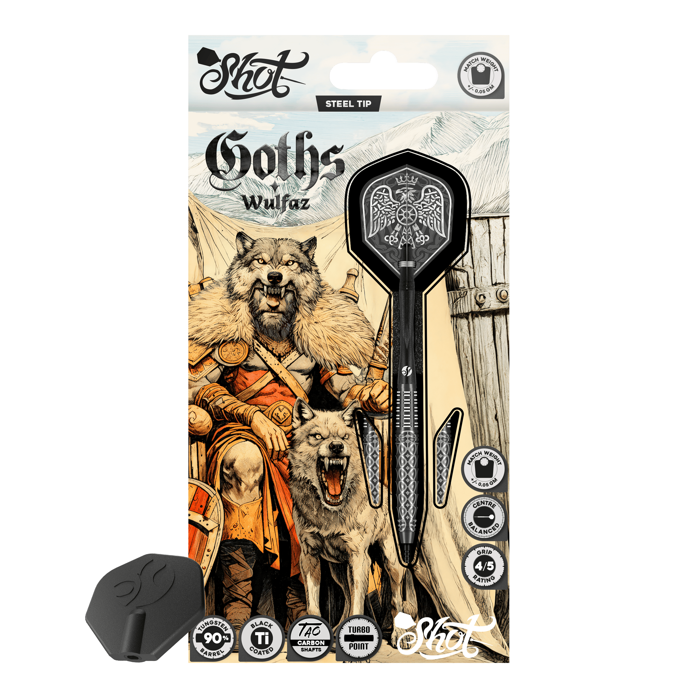 Shot Goths Wulfaz Turbo Point Steel Darts - 23g Das Bild zeigt die Shot Goths Wulfaz Turbo Point Steeldarts mit 23 Gramm. Diese Pfeile sind für das Steeldartspiel konzipiert.