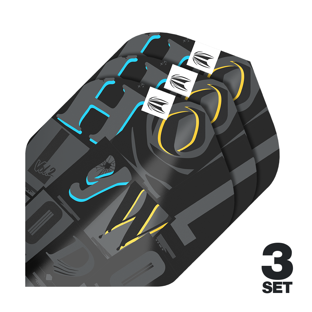 Target Pro Ultra Chris Dobey No2 Standard Flights - 3 Sets Das Bild zeigt drei Sets der Target Pro Ultra Chris Dobey No2 Standard Flights. Die Flights sind schwarz mit bunten Akzenten und moderner Grafik gestaltet.