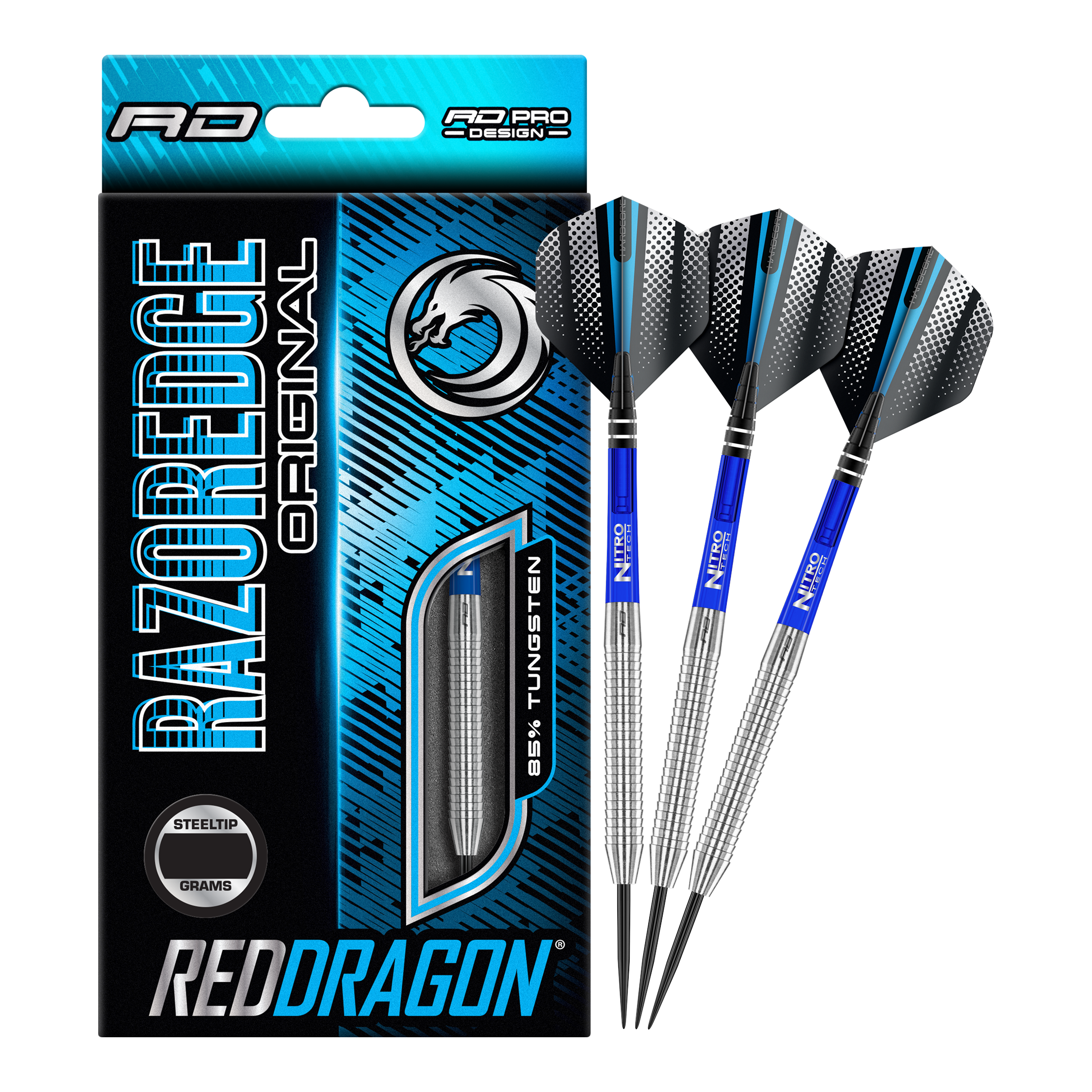 Das Bild zeigt eine Packung „Red Dragon Razor Edge Original Steeldarts - 24g“ und drei dazugehörige Dartpfeile. Die Verpackung ist hauptsächlich blau und schwarz gestaltet und hebt den Schriftzug „RAZOREDGE ORIGINAL“ sowie „85% TUNGSTEN“ hervor.