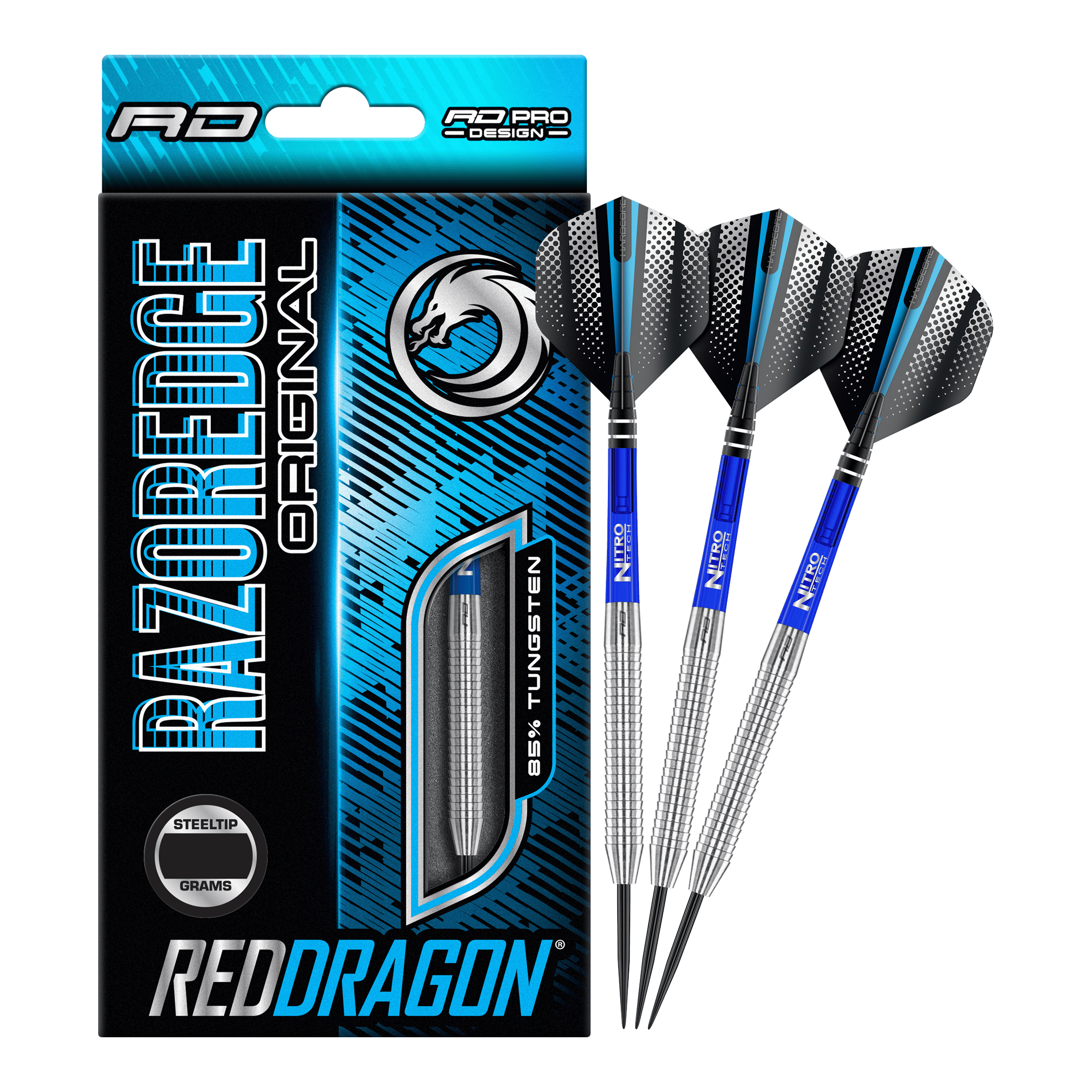 Red Dragon Razor Edge Original Steel Darts Das Bild zeigt eine Packung „Red Dragon Razor Edge Original Steeldarts - 24g“ und drei dazugehörige Dartpfeile. Die Verpackung ist hauptsächlich blau und schwarz gestaltet und hebt den Schriftzug „RAZOREDGE ORIGINAL“ sowie „85% TUNGSTEN“ hervor.
