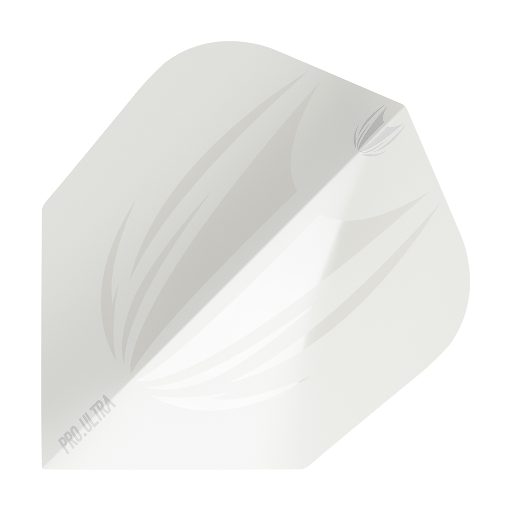 TG411_Target_ProUltra_ID_White_No6_Flights_1 Das Bild zeigt ein weißes Dartflight mit einem dezenten, grauen Muster. In einer Ecke steht der Schriftzug "PRO.ULTRA".