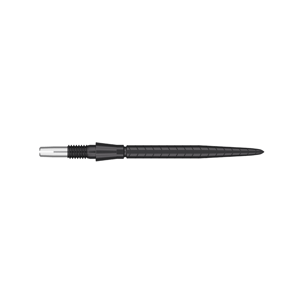 Target Swiss Storm Quartz Dart Tips - Black Das Bild zeigt eine schwarze Dartspitze mit feinen Rillen und einem schlanken Design. Die Spitze hat eine Länge von 30 mm und wirkt hochwertig verarbeitet.