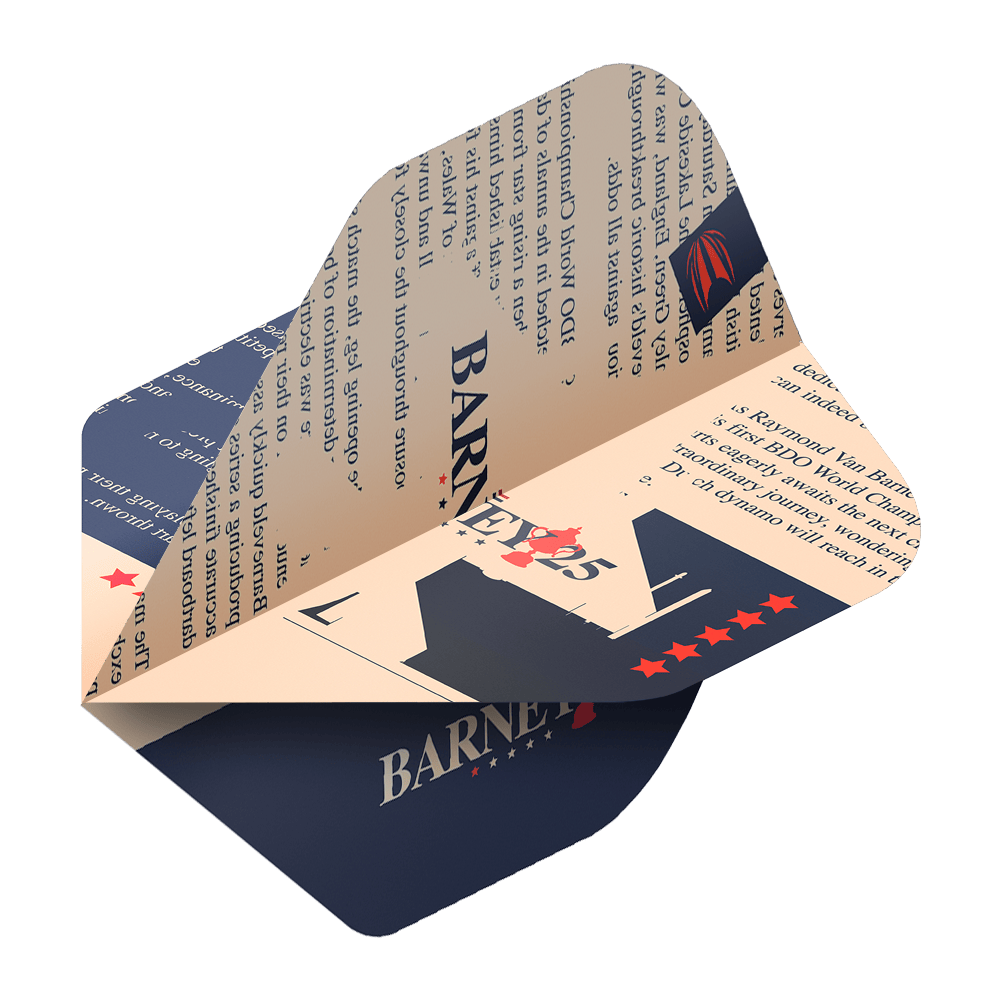 Target ProUltra Raymond Van Barneveld Barney25 Standard Flights Das Bild zeigt einen Target ProUltra Raymond Van Barneveld Barney25 Standard Flight für Darts. Das Design ist in Blau und Beige gehalten und enthält Sterne sowie den Schriftzug "Barney25".