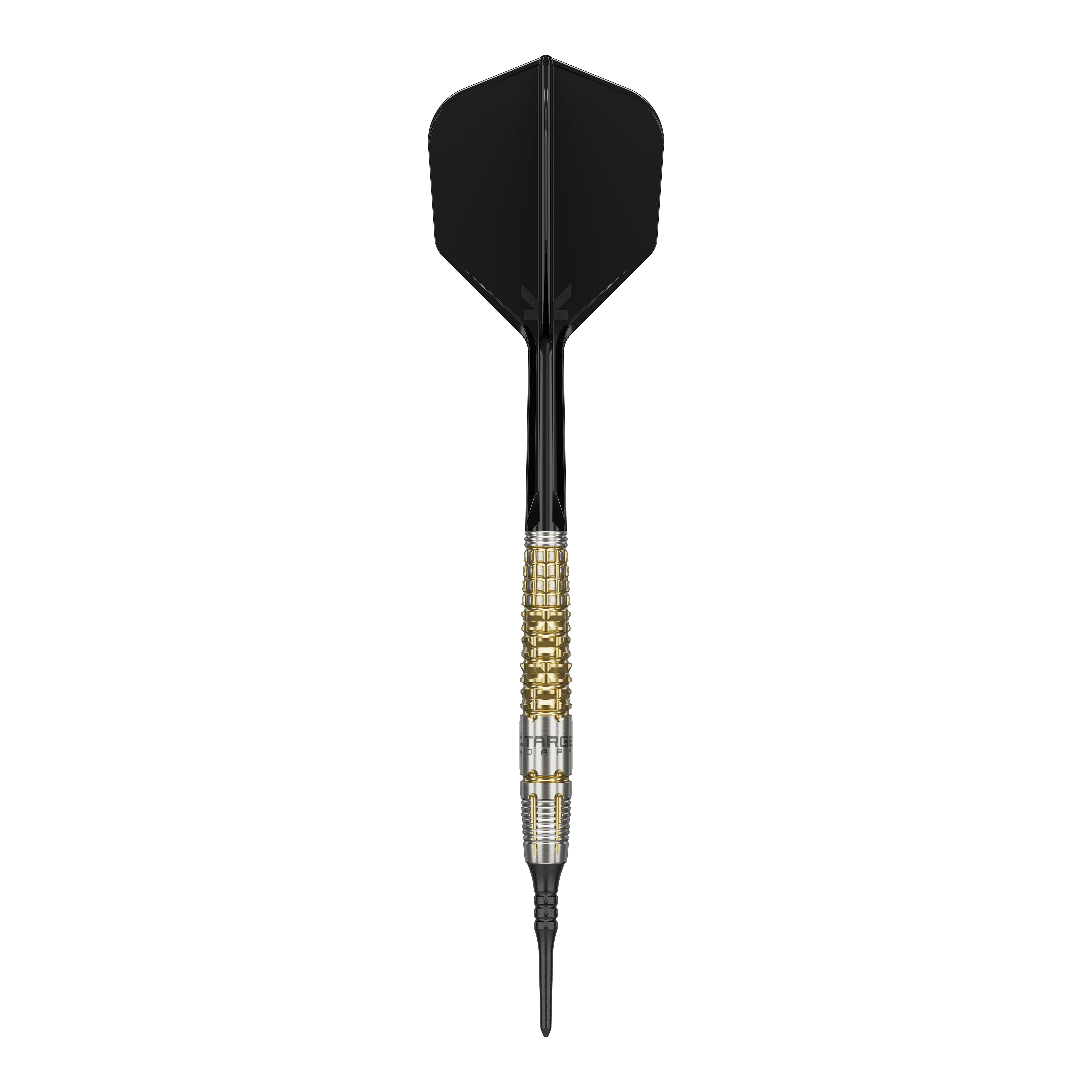 Das Bild zeigt einen Target Japan Black Marque Warrior Softdart mit einem Gewicht von 18,5g. Der Dart hat eine schwarze Spitze und Flügel sowie einen gold-silbernen Griffbereich.