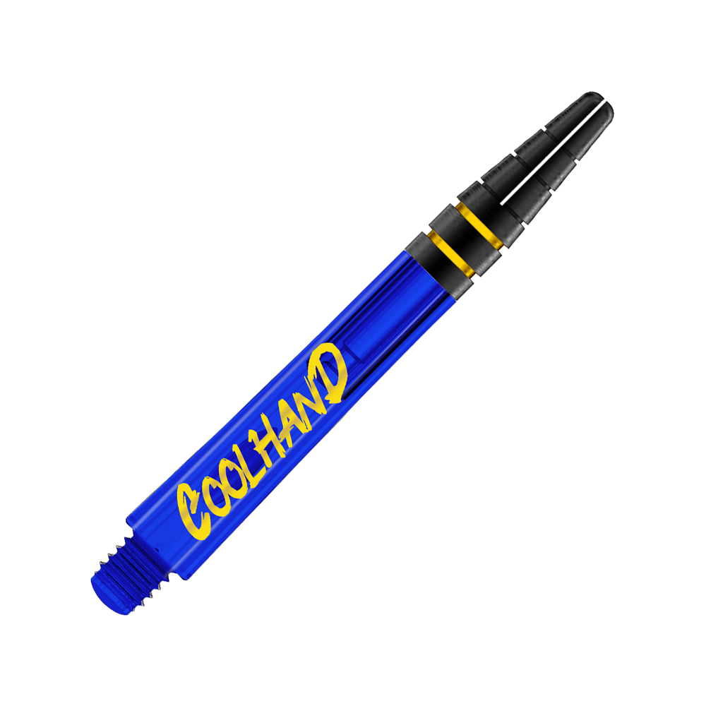Red Dragon Nitrotech Luke Humphries Coolhand Shafts - Blue Dies ist ein blauer Dart-Schaft mit der gelben Aufschrift "COOLHAND". Am oberen Ende befinden sich zwei schwarze Ringe mit goldenen Akzenten.