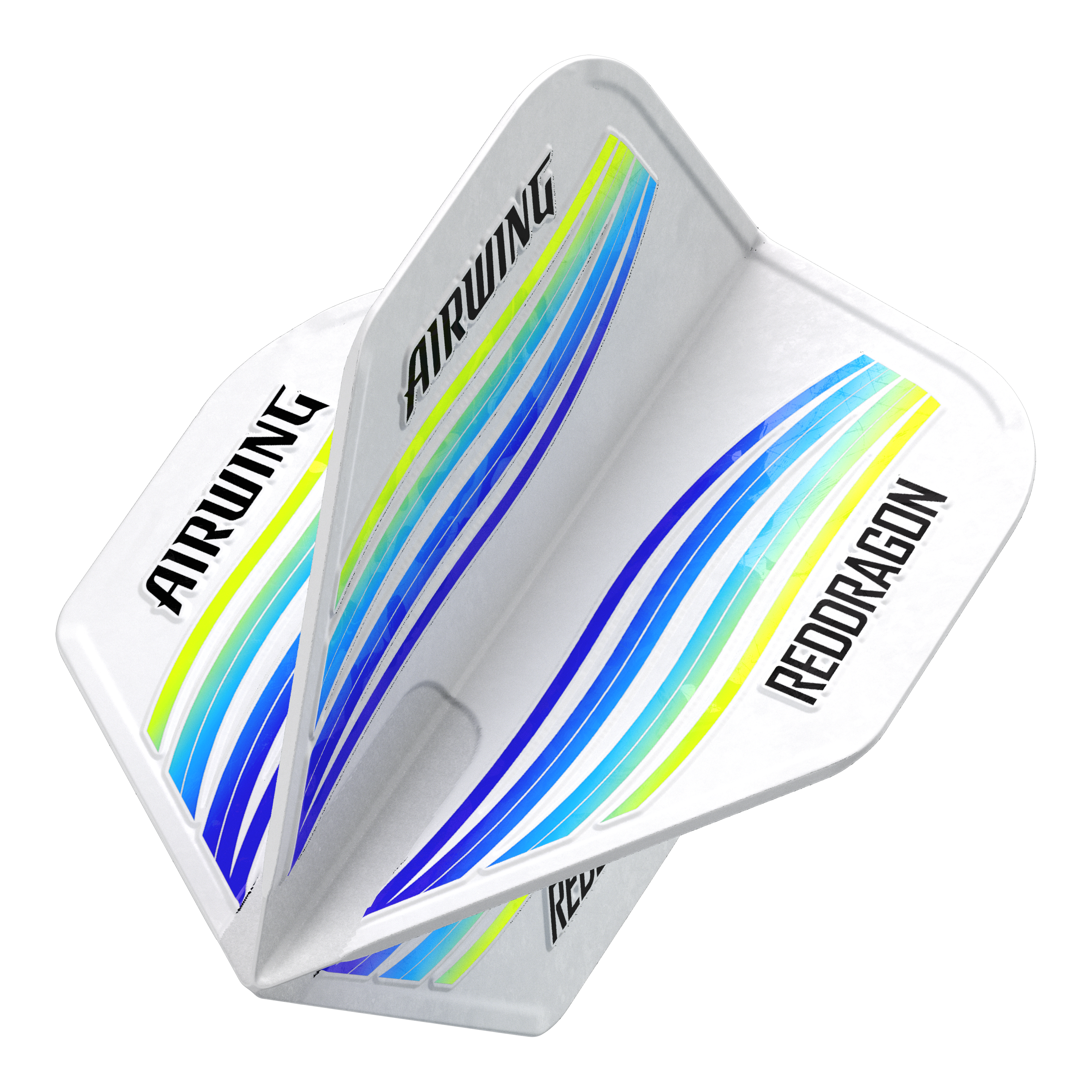 Red Dragon Airwing Blue Wave Standard Flights Das Bild zeigt die Red Dragon Airwing Blue Wave Standard Flights. Die Flights sind weiß mit blauen, gelben und grünen Wellenlinien und haben die Aufschriften "AIRWING" und "RED DRAGON".