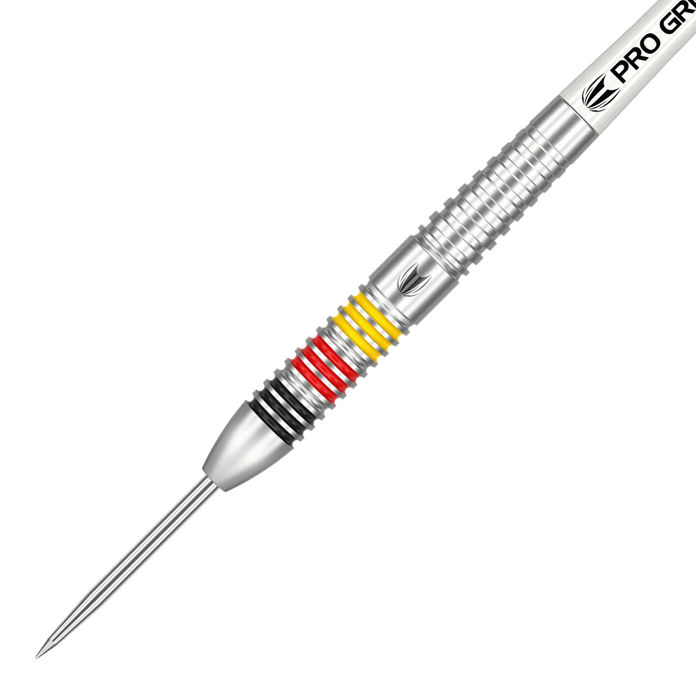 190098_Target_Gabriel_Clemens_80_Steeldarts_2 Das Bild zeigt einen Target Gabriel Clemens 80% Steeldart. Der Dartpfeil hat einen silbernen Schaft mit Ringen in den Farben Schwarz, Rot und Gelb.