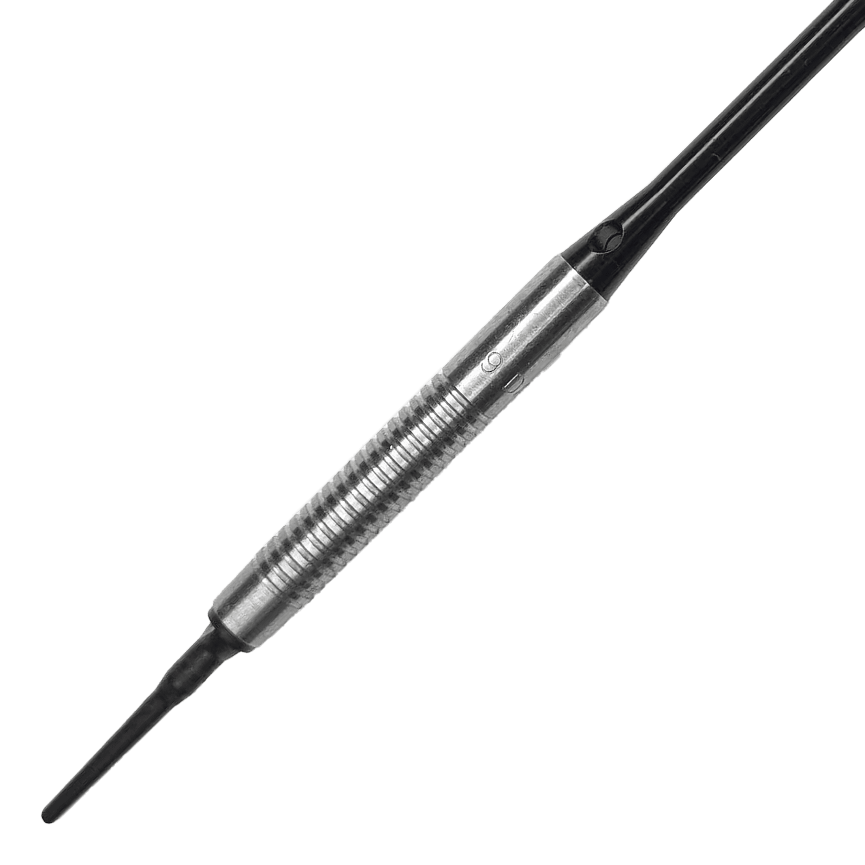 McDart 85 Tungsten V21 soft darts - 18.5g Das Bild zeigt einen McDart 85er Tungsten V21 Softdart mit einem Gewicht von 18,5g. Der Dartpfeil hat eine silberne, gerillte Griffzone und eine schwarze Spitze.