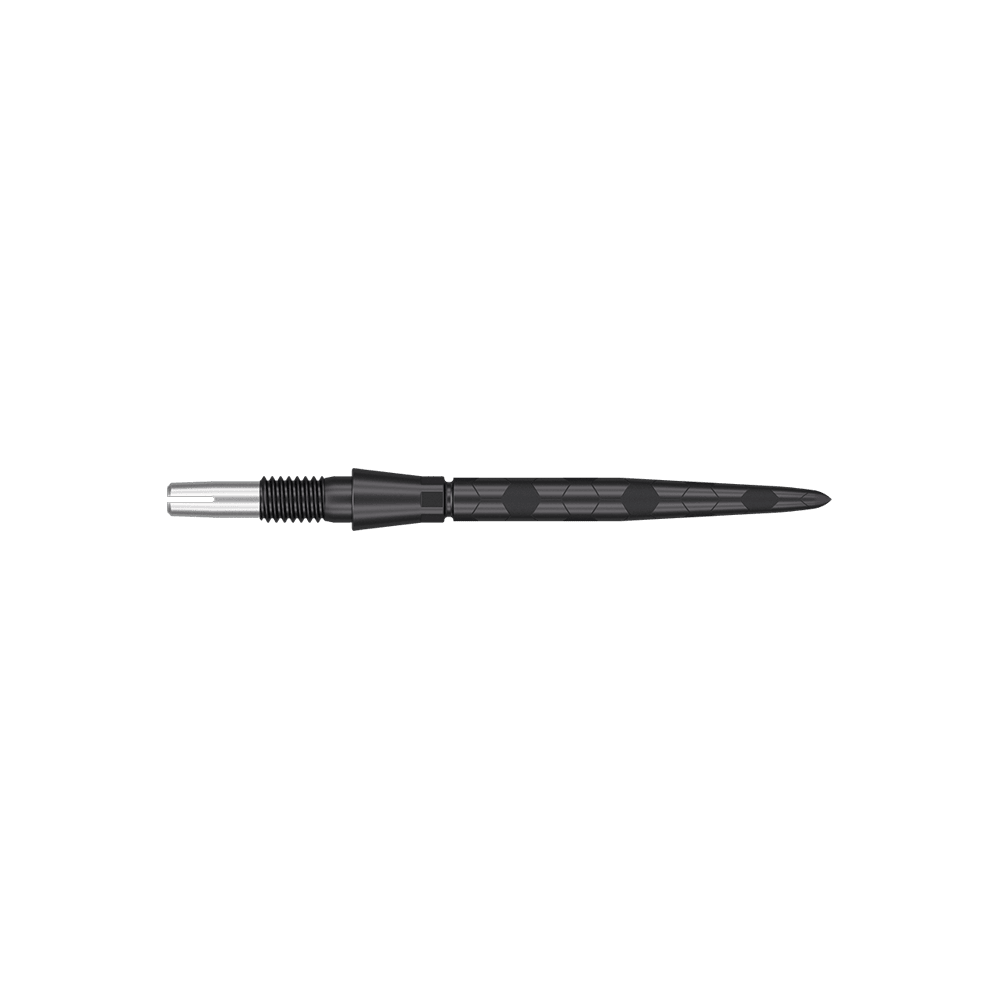 Target Swiss Storm Onyx Point Dart Tips - Black Das Bild zeigt eine schwarze Dartspitze mit einem modernen, strukturierten Design. Sie ist schmal und hat feine Rillen sowie ein sechseckiges Muster auf dem Schaft.