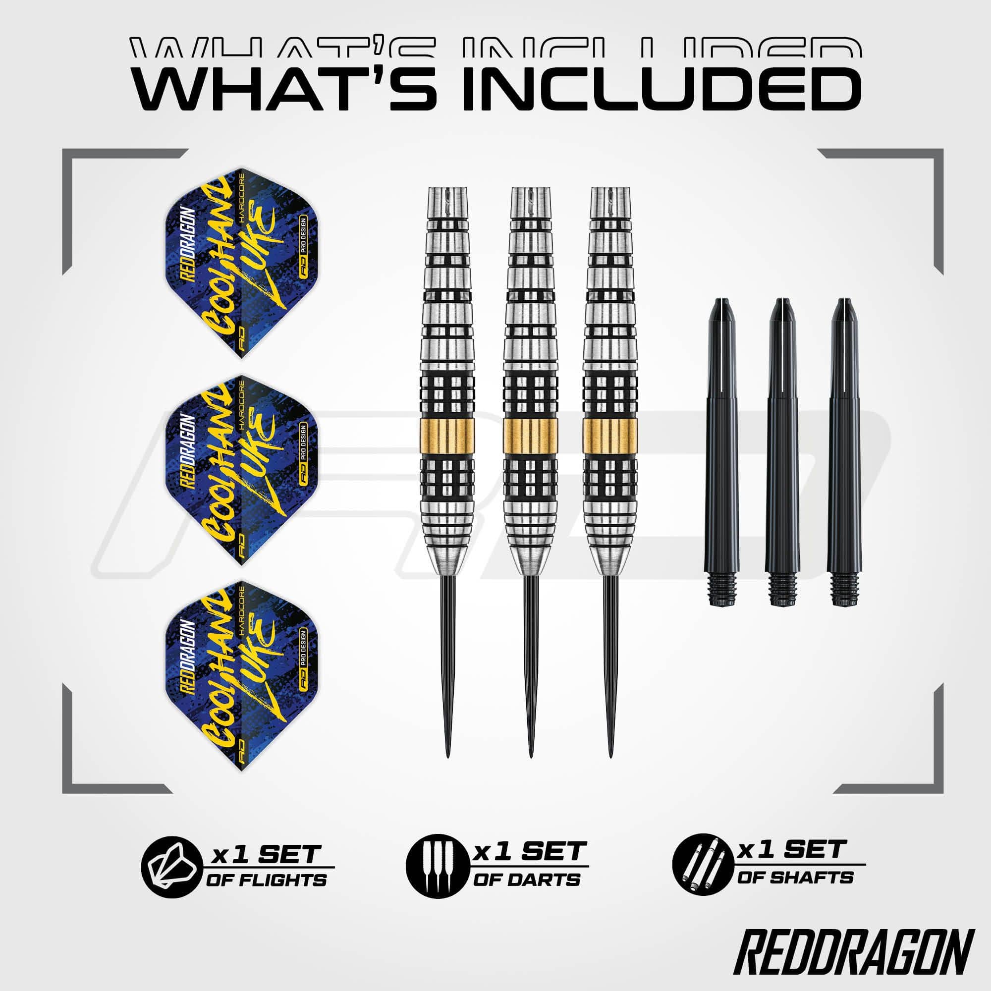 Red Dragon Luke Humphries Brass Steel Darts - 21 g Gezeigt werden die Red Dragon Luke Humphries Brass Steeldarts mit 21 Gramm Gewicht. Diese Darts bieten professionelles Spielgefühl und ansprechendes Aussehen.