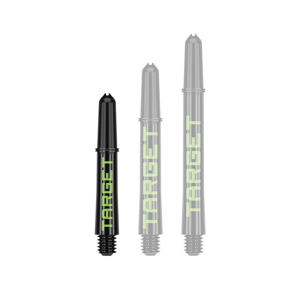 Target Pro Grip TAG Shafts - 3 Sets - Black Green Ein Dart-Schaft in schwarzer Grundfarbe wird einzeln abgebildet. Die Akzentfarbe hebt das Produkt hervor.