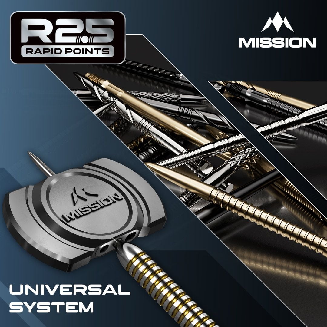 Mission R2.5 Rapid Point DSX Dart Tips - Silver Die Abbildung zeigt die Mission R2.5 Rapid Point GV1 Dartspitzen in Silber. Es sind speziell designte Dartspitzen für Präzision und Haltbarkeit.