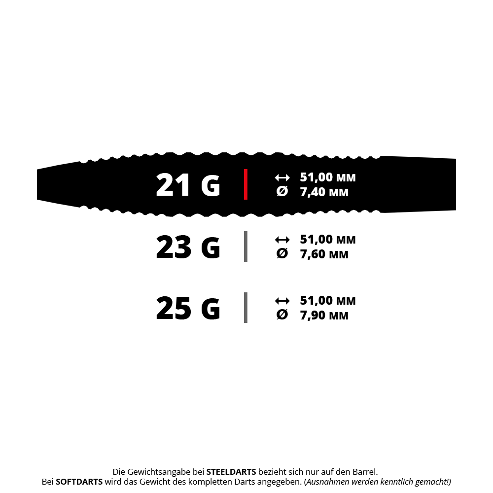 Das Bild zeigt einen BT0190 Bullet Ranger Steeldart mit 21g Gewicht. Er hat eine elegante und glänzende Oberfläche.