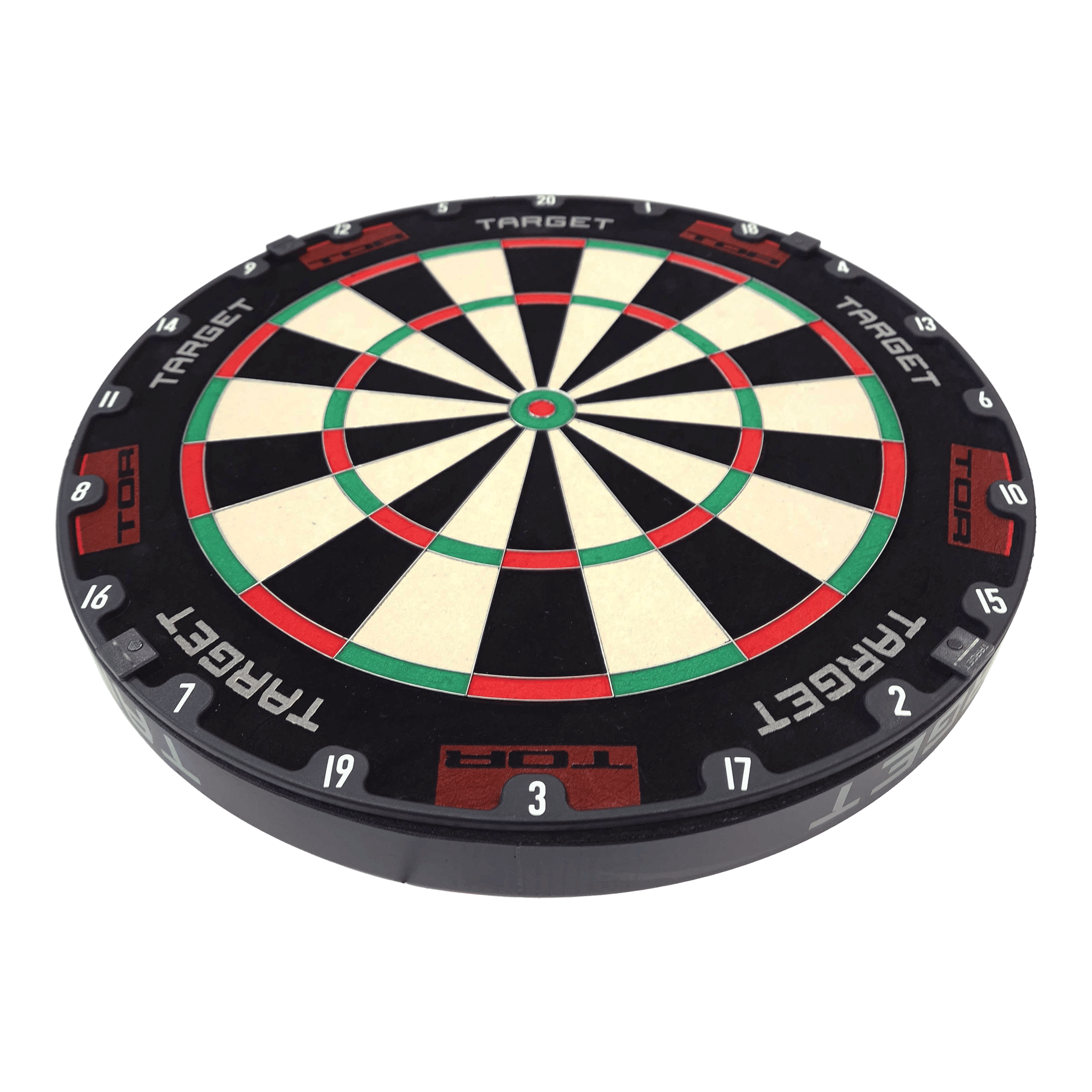 Target TOR Steel Dartboard Das Bild zeigt eine Target TOR Steeldartboard. Die Dartscheibe hat ein klassisches Design mit schwarzen, weißen, roten und grünen Feldern.