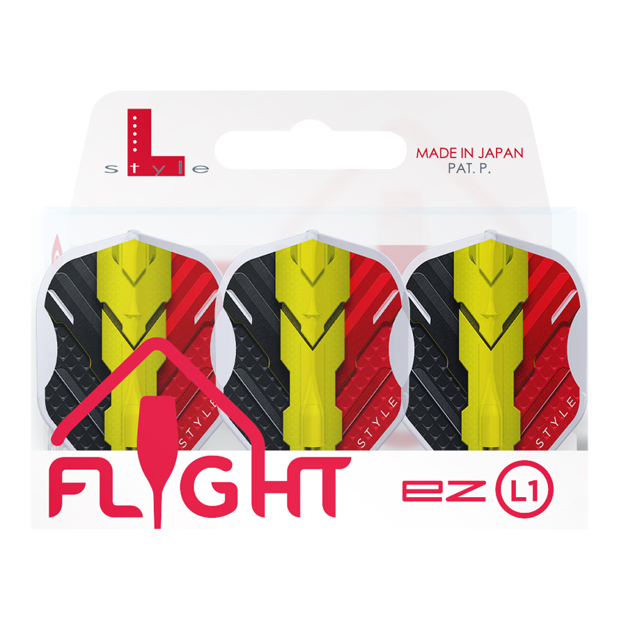L-Style V-Series V1 Type C Belgium Clear White L1EZ Flights Das Bild zeigt eine Packung mit drei L-Style V-Series V1 Type C Belgium Clear White L1EZ Flights. Die Flights sind in den Farben Schwarz, Gelb und Rot gestaltet und werden in einer Verpackung mit der Aufschrift "Made in Japan" präsentiert.